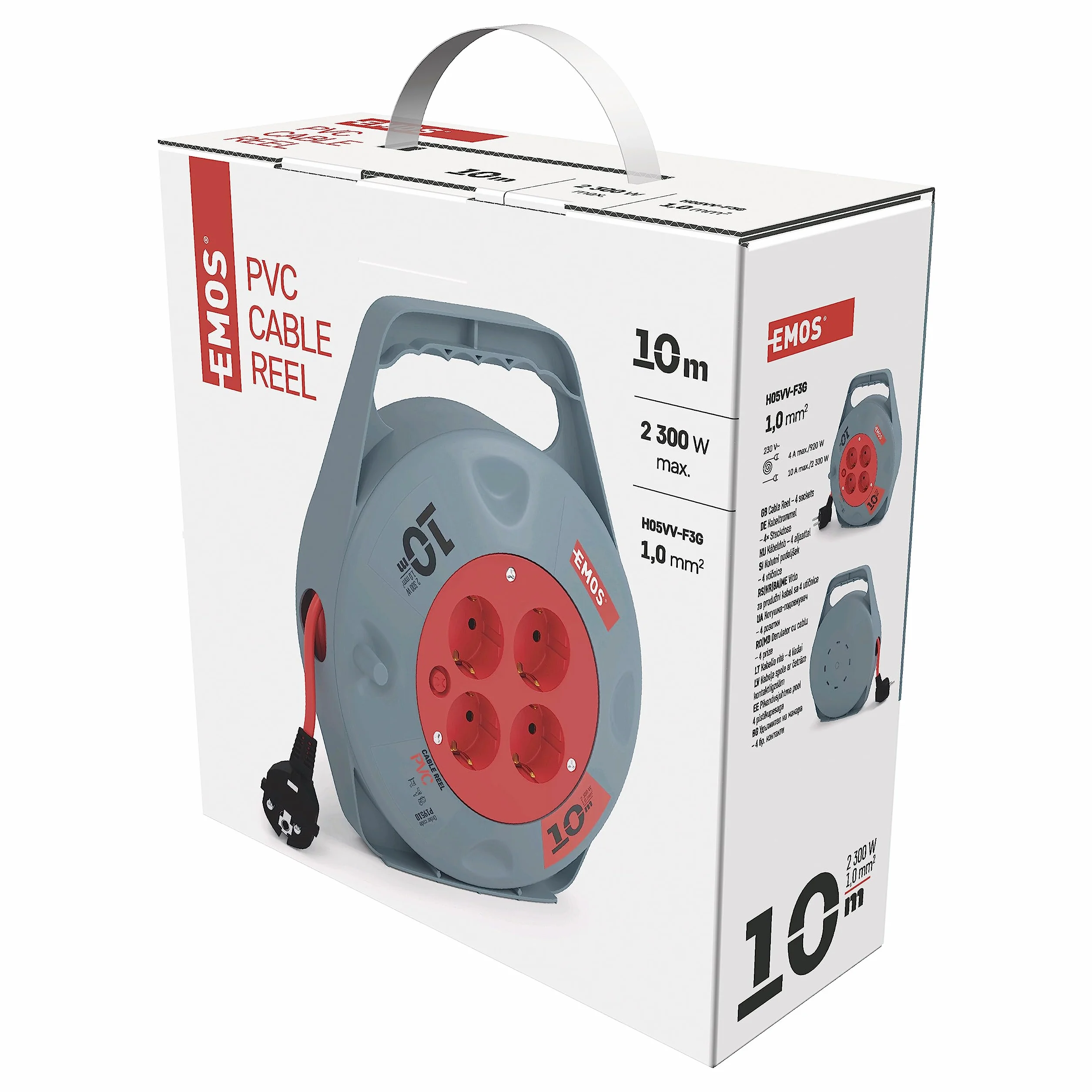 EMOS - Mini avvolgicavo 10 m - 4 prese Schuko - 230 V, 10 A, 2300 W - isolamento in PVC di alta qualità - H05VV-F3G 1,0 mm2 - con interruttore termico - IP20 per interni