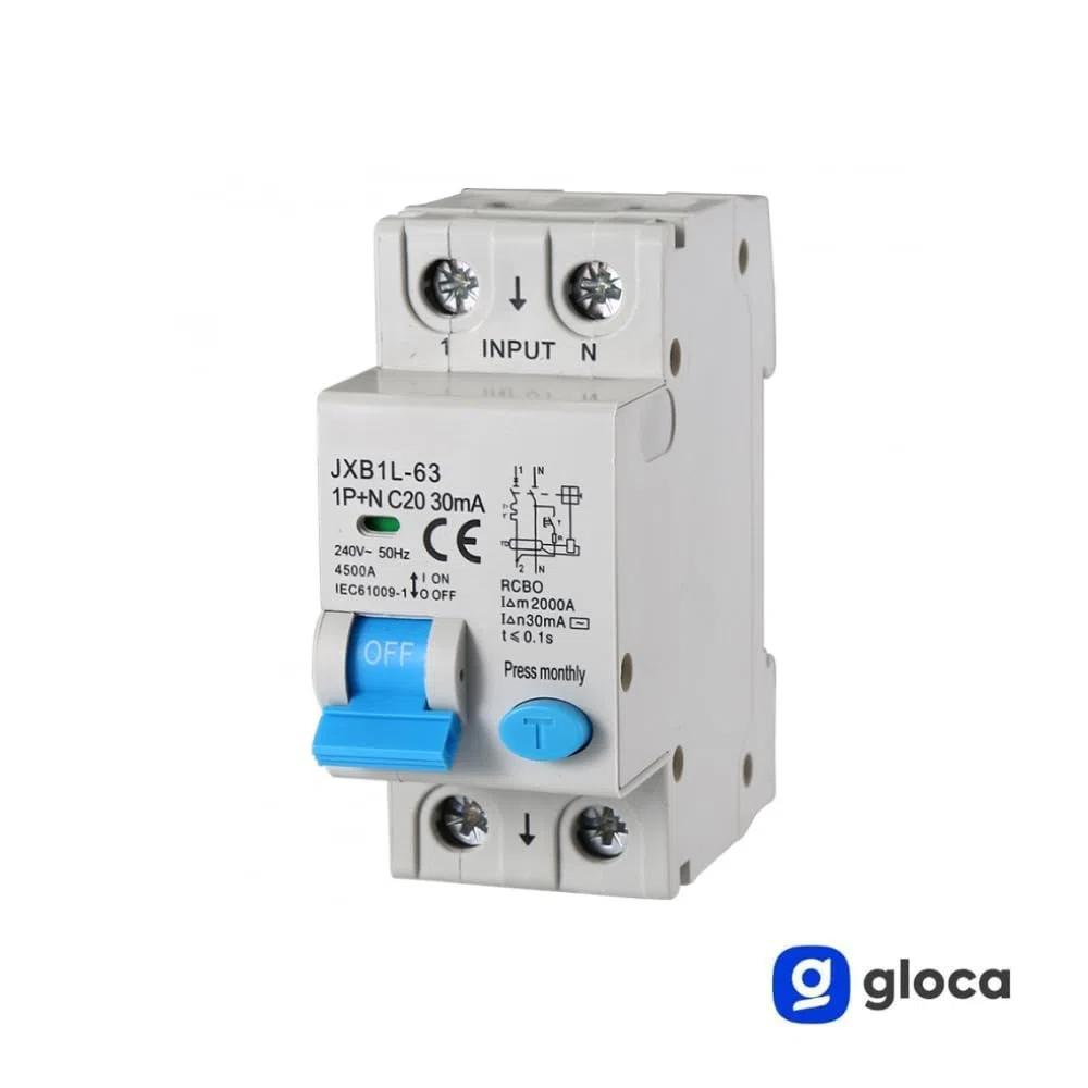 gloca Interruttore Magnetotermico Differenziale 2P 30mA 220V 4.5KA 2 Moduli DIN (20 Ampere)