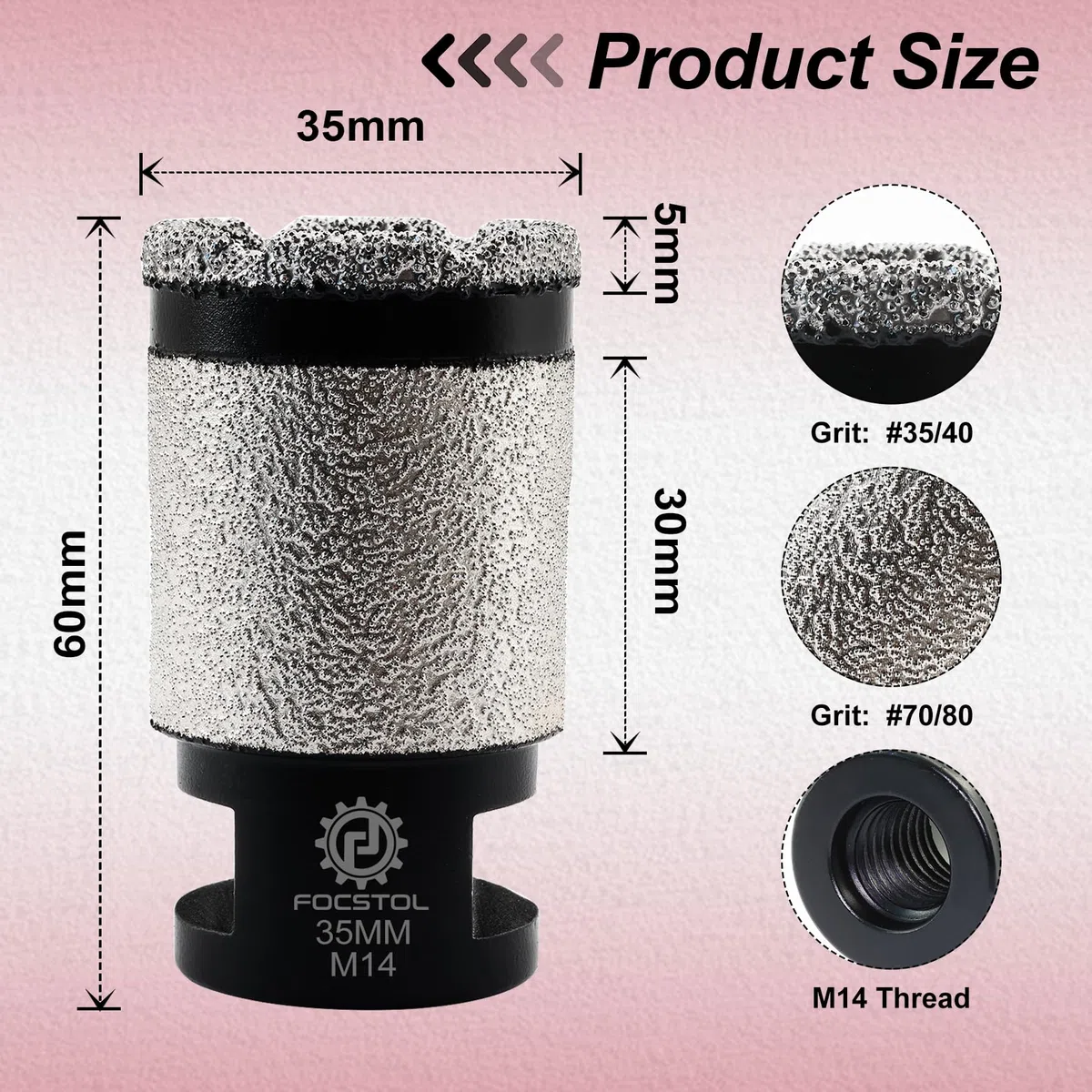 FOCSTOL Punte per Trapano Diamantate - 35mm Fresa Diamantata per Porcellanato Piastrelle Ceramica Marmo Granito Quarzo M14 Filettatura