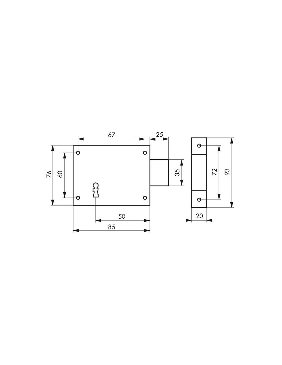 THIRARD - Serratura orizzontale a montaggio superficiale con chiave per porte di cantina, catenaccio singolo, apertura a destra, interasse 50 mm, 85x76 mm, nera, 1 chiave