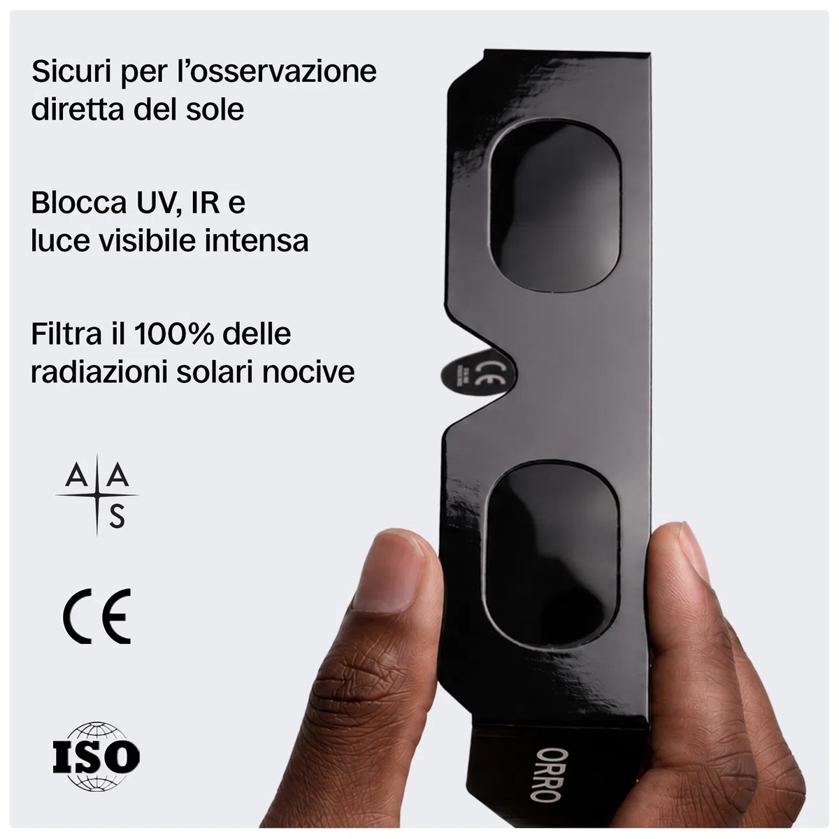 ORRO Occhiali per eclissi solare Modern 40 mm Confezione da 12, Nero, Protezione occhi certificata, Testati EN ISO 12312-2:2015, Marcatura CE per osservare direttamente il sole in sicurezza