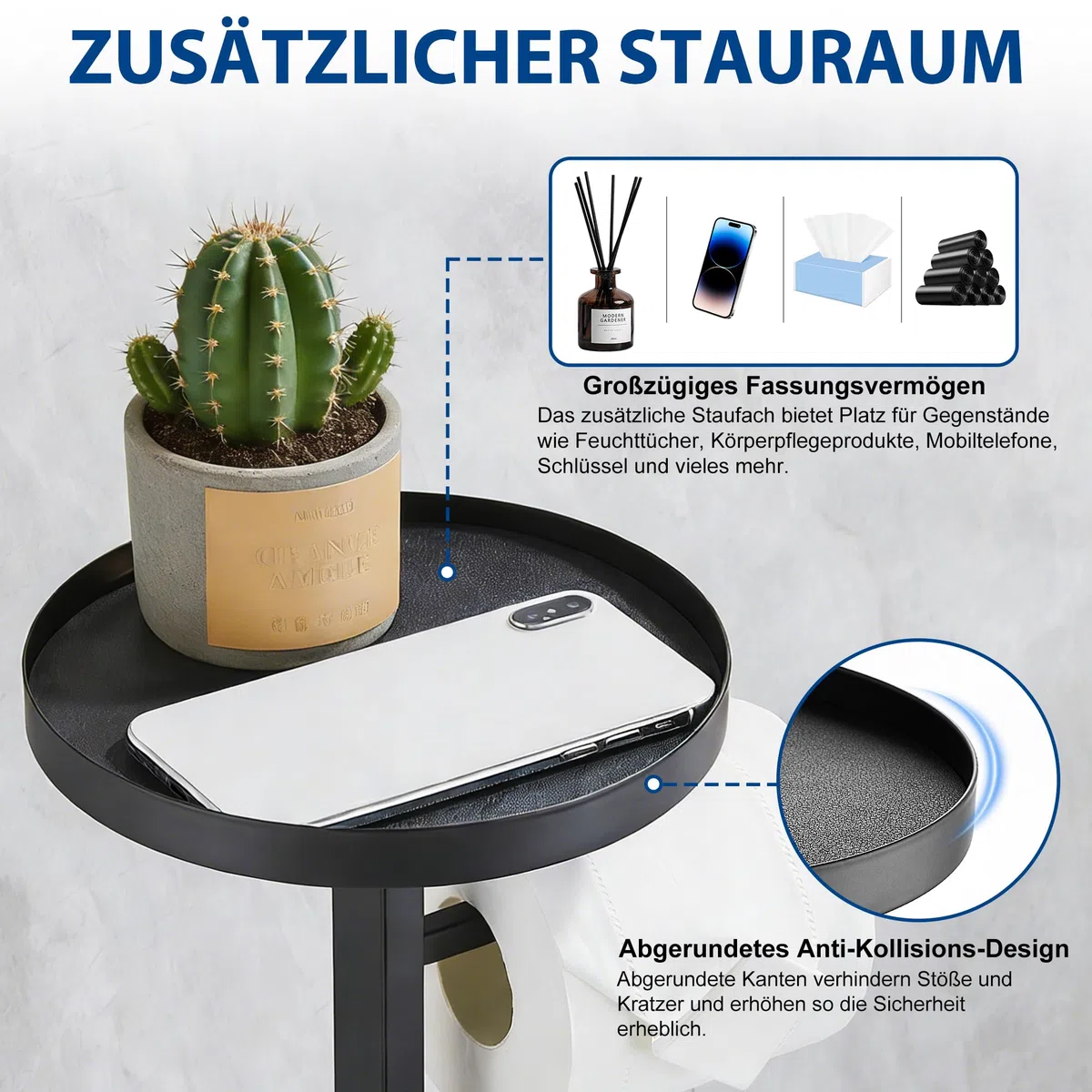 Scopino Bagno WC con Porta Carta Igienica da Terra Piantana Portarotolo e Scopino Per 4 Rotoli Scorta, Legno Nero, Circolare