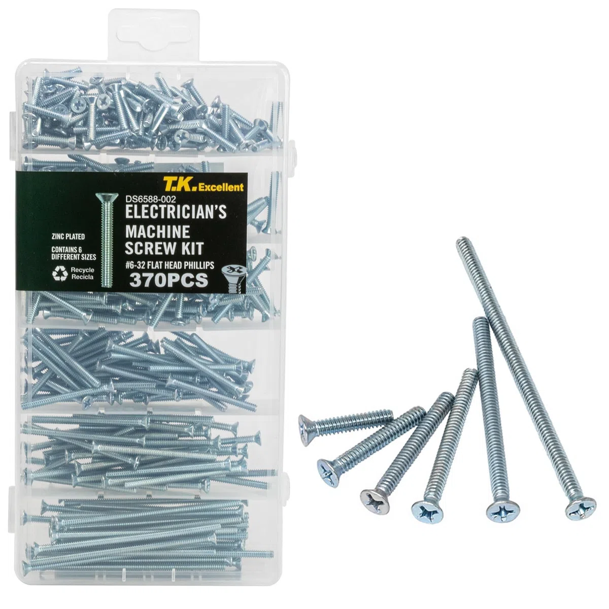 T.K.Excellent #6-32 Kit di viti a testa cilindrica piatta Phillips, per elettricista, 370 pezzi