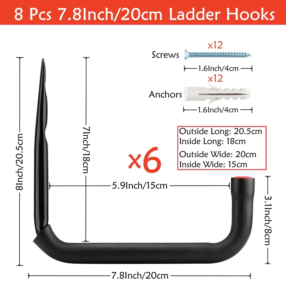 Set di 6 ganci per garage, 20 cm, robusti in acciaio e EVA, per bicicletta, sedia, tubo, interni ed esterni