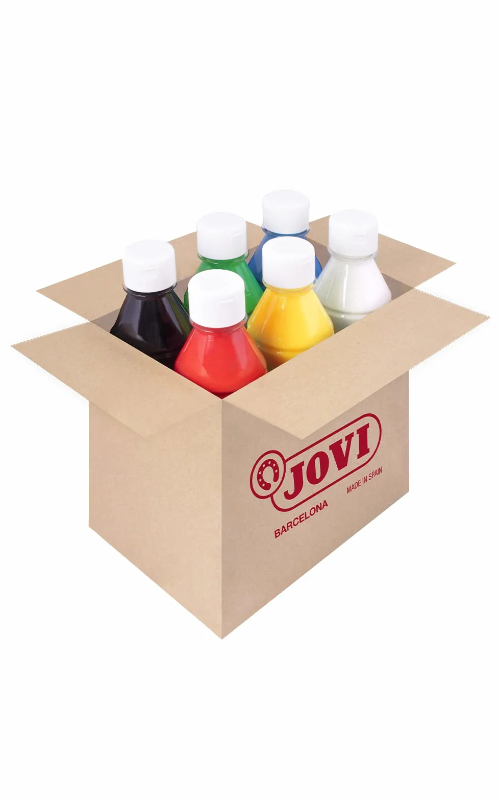 Jovi - Guazzo liquido, Astuccio 6 vasetti da 250 ml, Colori primari, Vernice a base di ingredienti naturali, Facile da lavare, Senza glutine, Ideale per la scuola (502/6A)