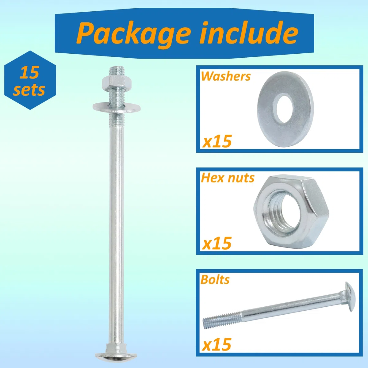 AERZETIX Set di 15 bulloni viti a testa tonda con quadro sottotesta M8x200mm / rondelle e dadi M8 / acciaio zincato/per fissaggio e assemblaggio