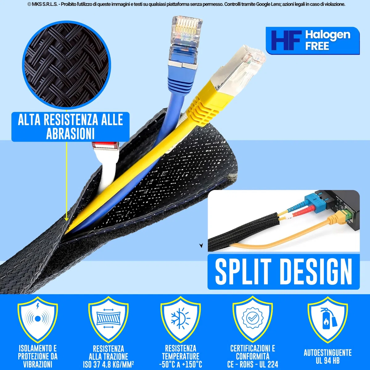 Guaina Intrecciata con Chiusura a Strappo Ø 13 mm, L 8mt • Ordine e Protezione dei Cavi • Perfetta per Scrivania e TV • Nero