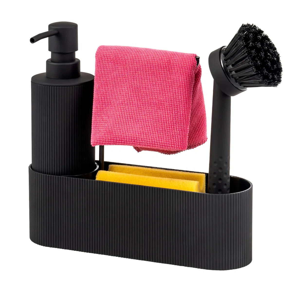 eluno Organizzatore per lavello con superficie soft-touch dal design a coste per cucina e bagno, incl. dispenser di sapone, spazzola per lavare i piatti, con testina di ricambio, nero