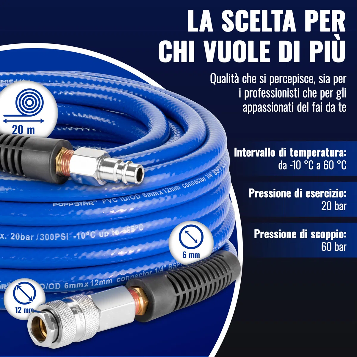 Poppstar Tubo per aria compressa in PVC 6/12 mm, lunghezza 20 m, attacco rapido & innesto maschio, 20 bar, blu