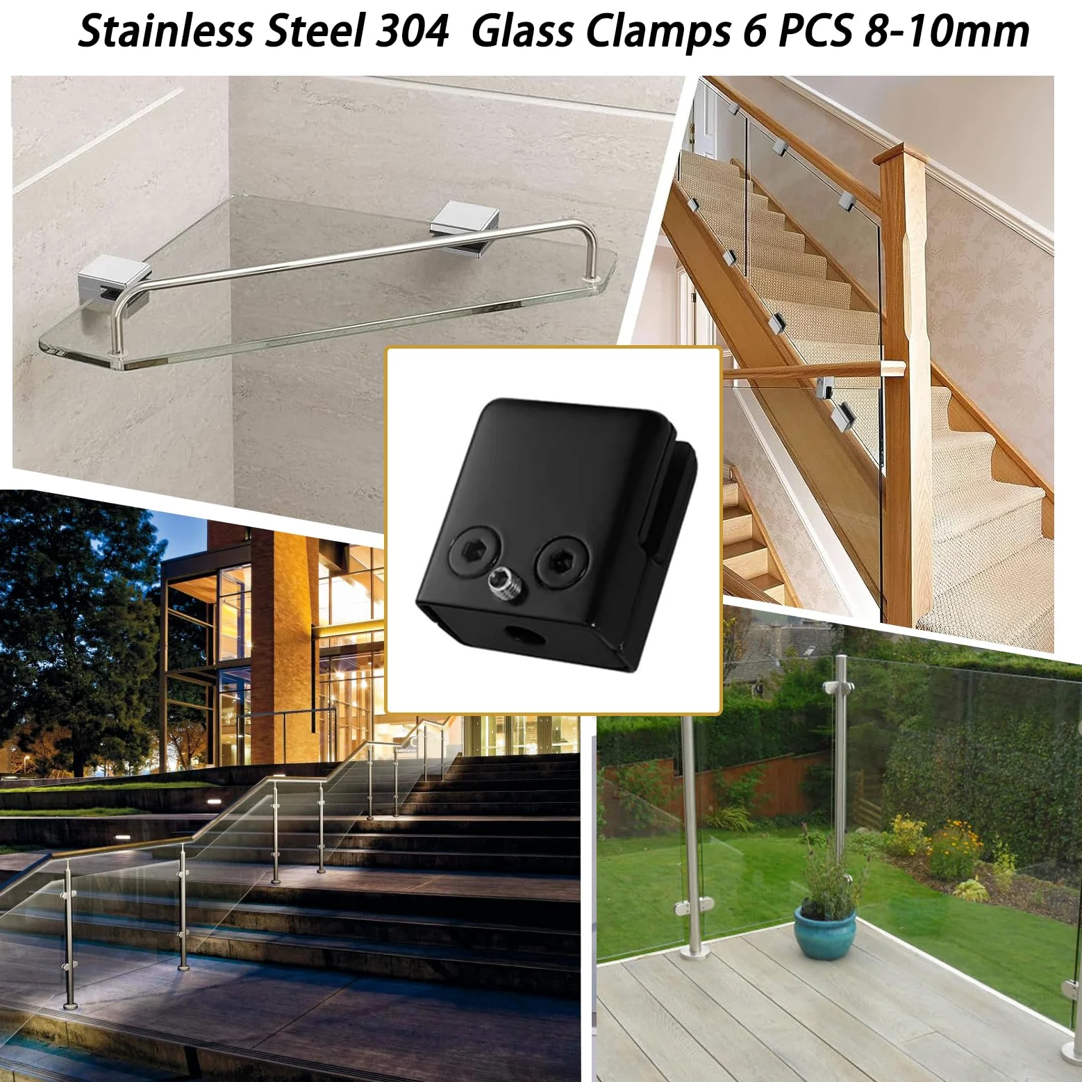 Morsetto di Vetro 8-10 mm Clip di Vetro in Acciaio Inossidabile Supporto Vetro 6 pezzi per Ringhiera Balaustra Corrimano della Scala Nero