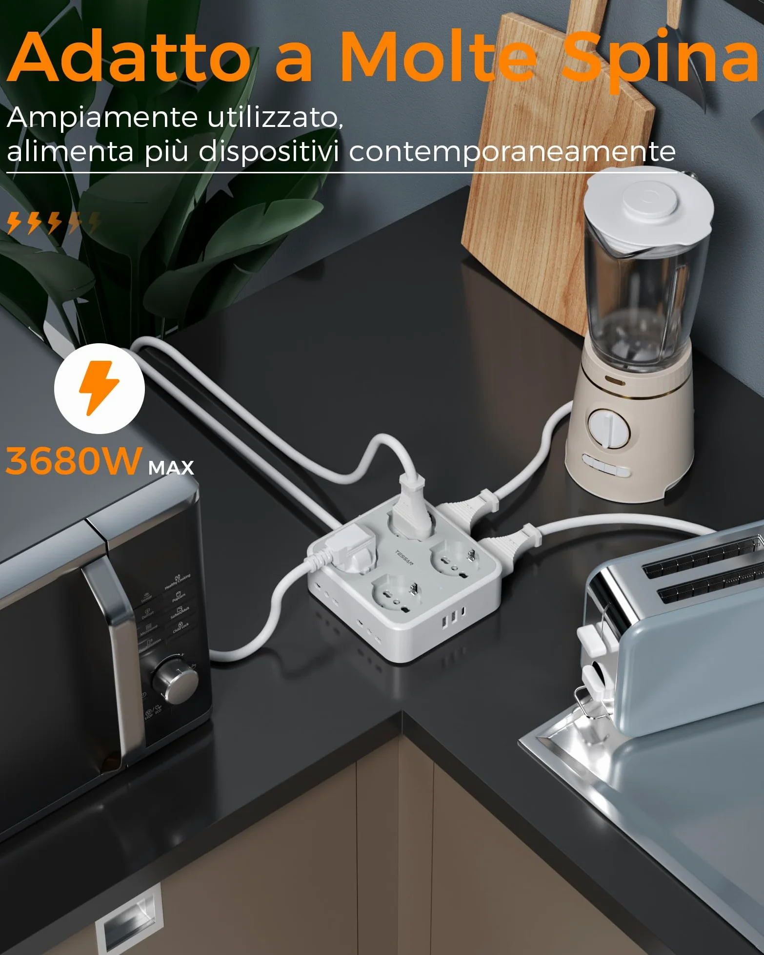 TESSAN Ciabatta Multipresa con USB C, Multipresa Elettrica con 8 Presa IT, Ciabatta Elettriche con Prolunga Elettrica 2 Metri, 3680W Presa Multipla con Interruttore, Grigio