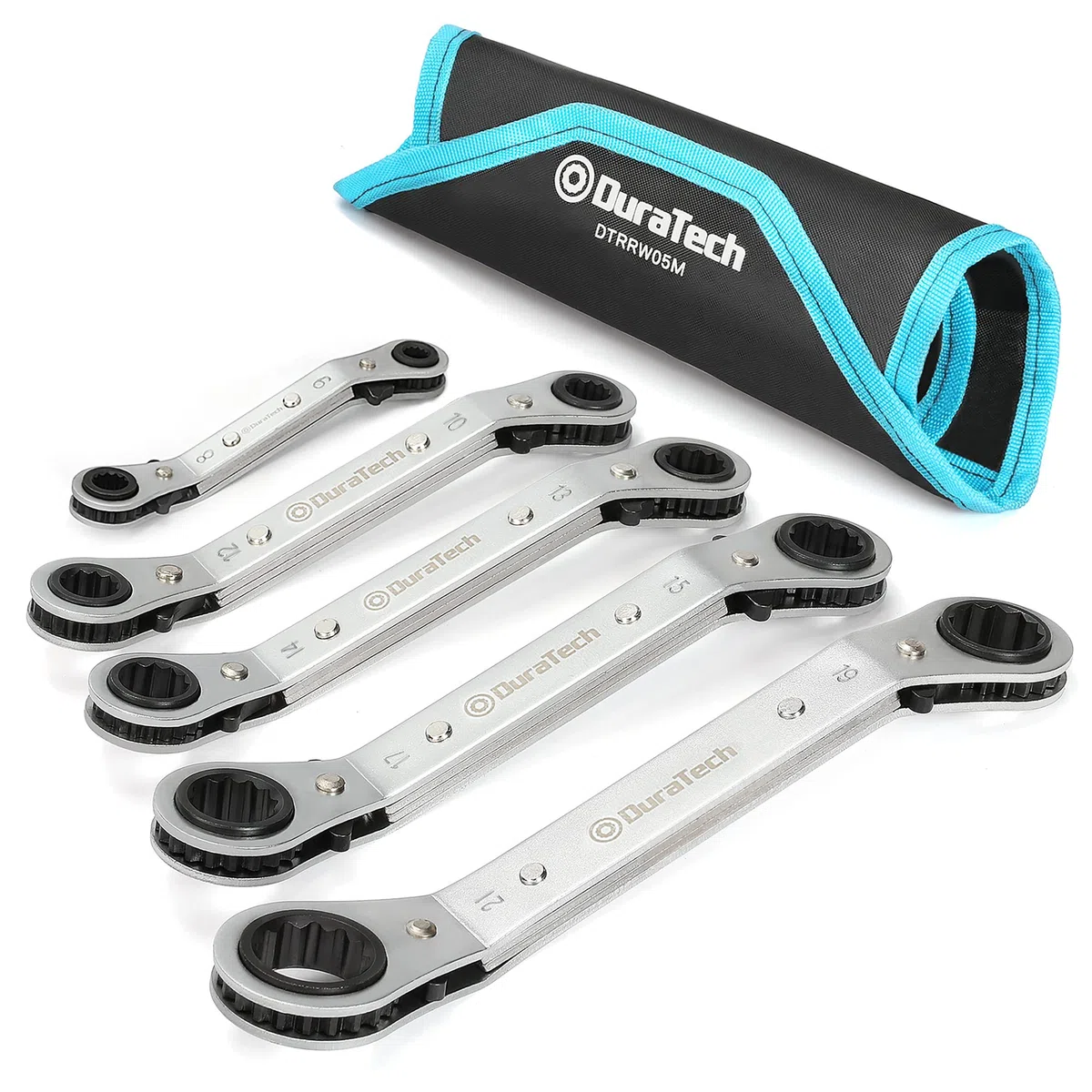 DURATECH Set di 5 chiavi a cricchetto reversibili a doppio anello, 6 mm-21 mm, con custodia per il trasporto