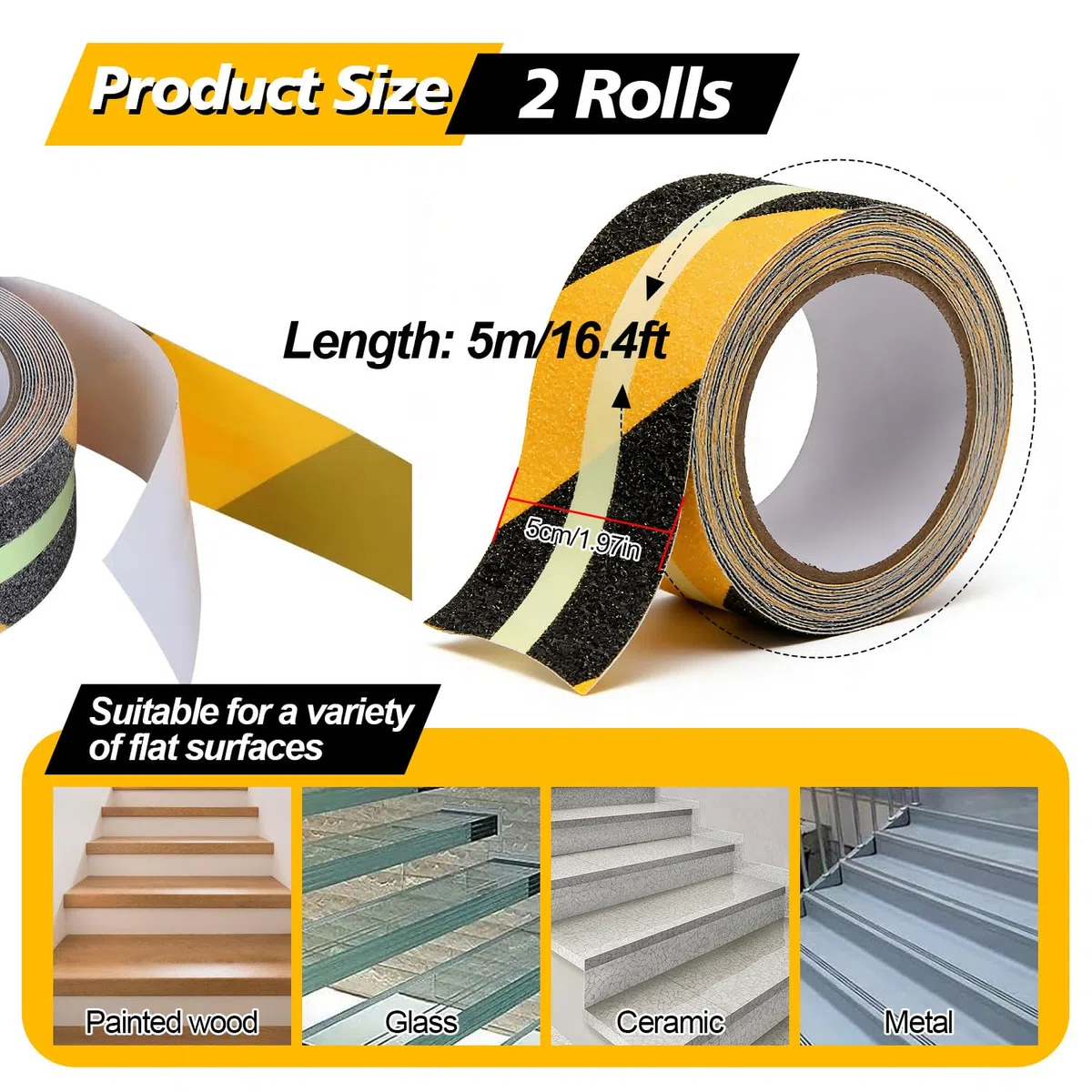 2 Pezzi Nastro Antiscivolo per Gradini Strisce Antiscivolo per Scale Esterne Fluorescente Autoadesivo Nastro di Segnalazione per Scale, Gradini, Rampe e Pavimenti, 5 m x 5 cm, Nero e Giallo