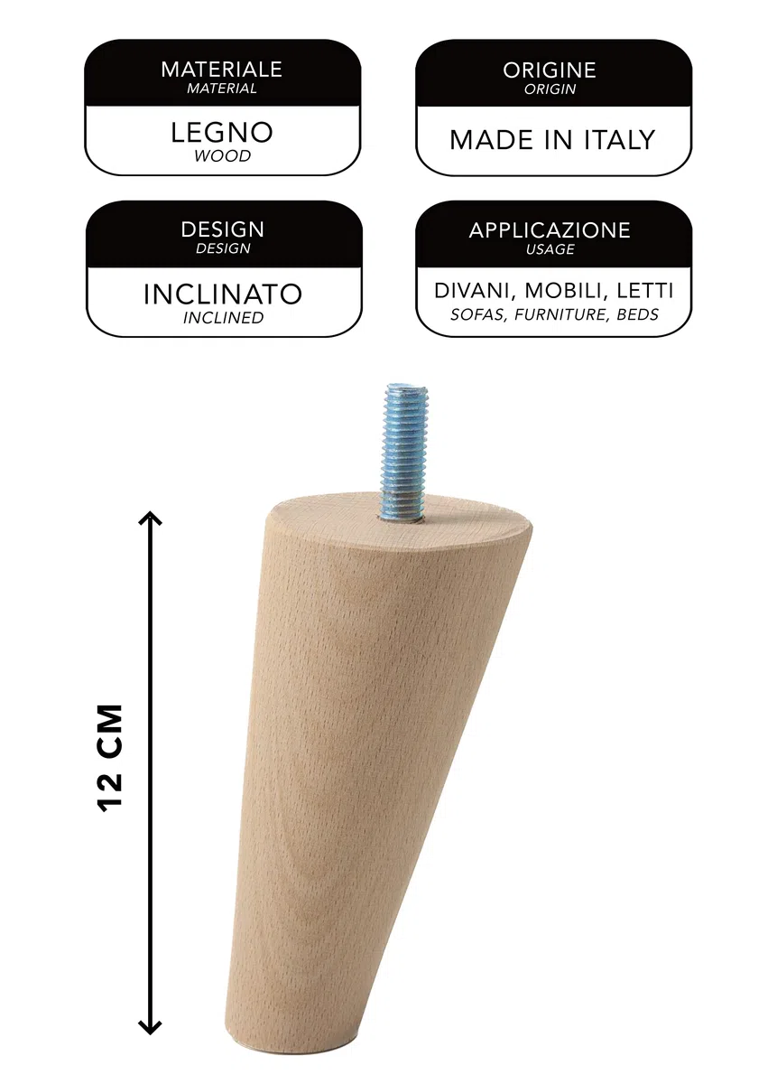 IPEA Piedini per Mobili e Divani alti 12 cm in Legno [Compatibili con Mobili IKEA] – Made in Italy – Inclinati con Forma a Cono – Vite M8 – Set di 4 Gambe per Armadi, Poltrone, Letto – Colore Chiaro