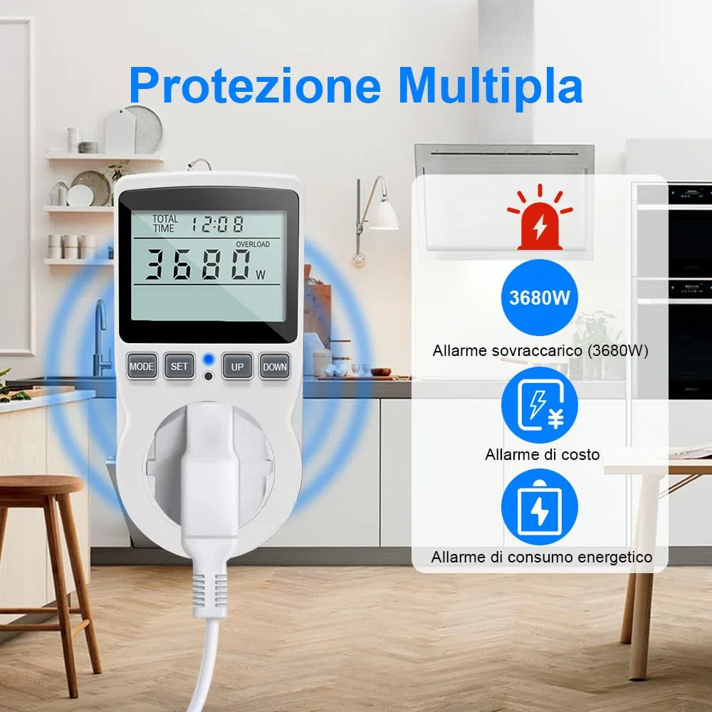 KETOTEK Misuratore Consumo Elettrico, Contatore Energia Elettrica 11 Modalità di Monitoraggio 3680W, Misuratore di Potenza Spina, Wattmetro 16A con Protezione da Sovraccarico