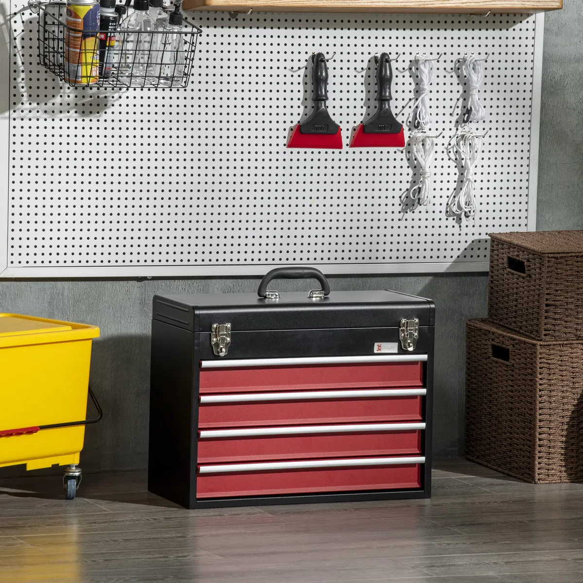 DURHAND Cassetta Porta Attrezzi in Acciaio, Valigetta Attrezzi Vuota con 4 Cassetti e Vassoio Superiore a Doppia Serratura, 51x22x39.5 cm, Rosso e Nero