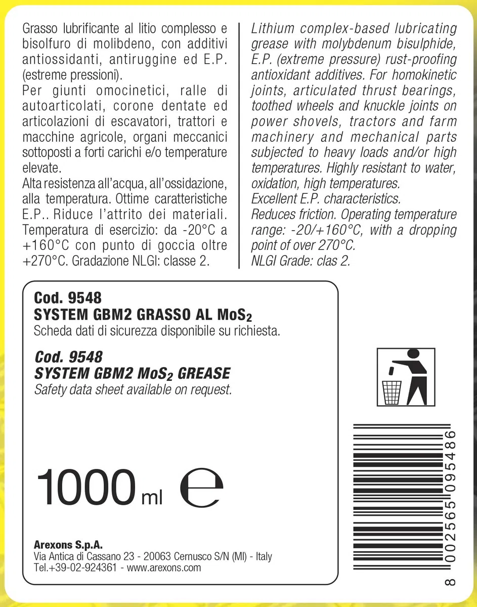 Arexons System GMB2 Grasso al MoS2 1000 ml, Lubrificante al litio complesso, Grasso lubrificante per organi meccanici, Antiossidante e antiruggine, Riduce l'attrito