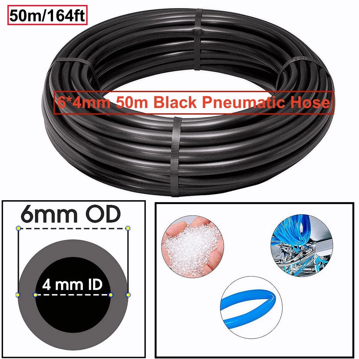 50 Metri Tubo Aria Compressa Poliuretano Nero, Attacco Rapido Tubo Aria 6mm Diametro Esterno 4mm Diametro Interno,Pneumatico per Aria Compressa Adatto Per il di vari Utensili Pneumatici