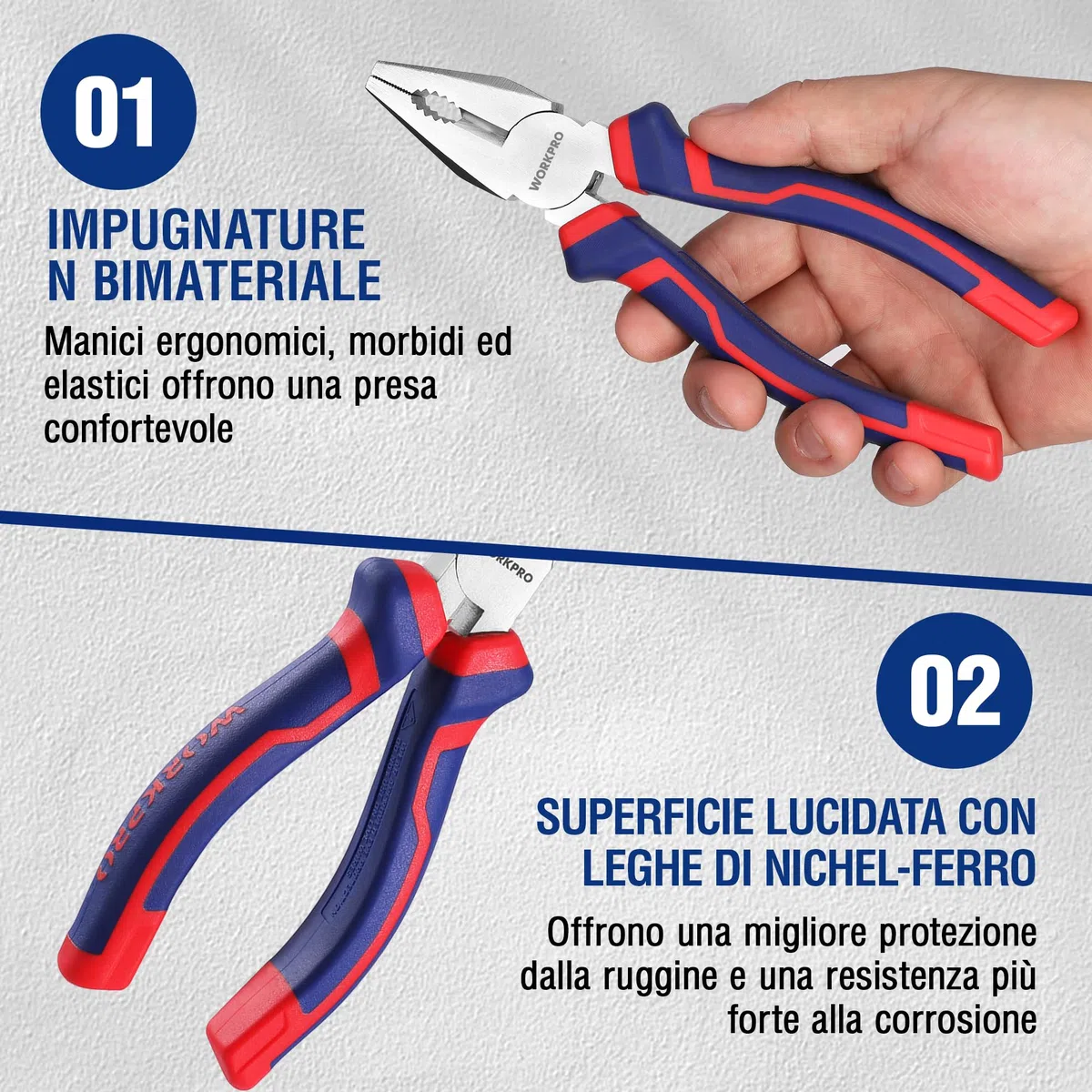 WORKPRO Set di 3 Pinze: Becchi Lunghi 160 mm, Taglio Laterale 160 mm, Combinata 180 mm - Manici Morbidi per Riparazioni Domestiche