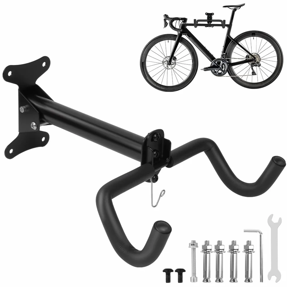 Supporto da Parete per Bicicletta, Supporto Bici da Muro Pieghevole Angolo Regolabili, Appendi Bici da Muro con Imbottitura e Gancio per Casco per uso Interno e in Garage