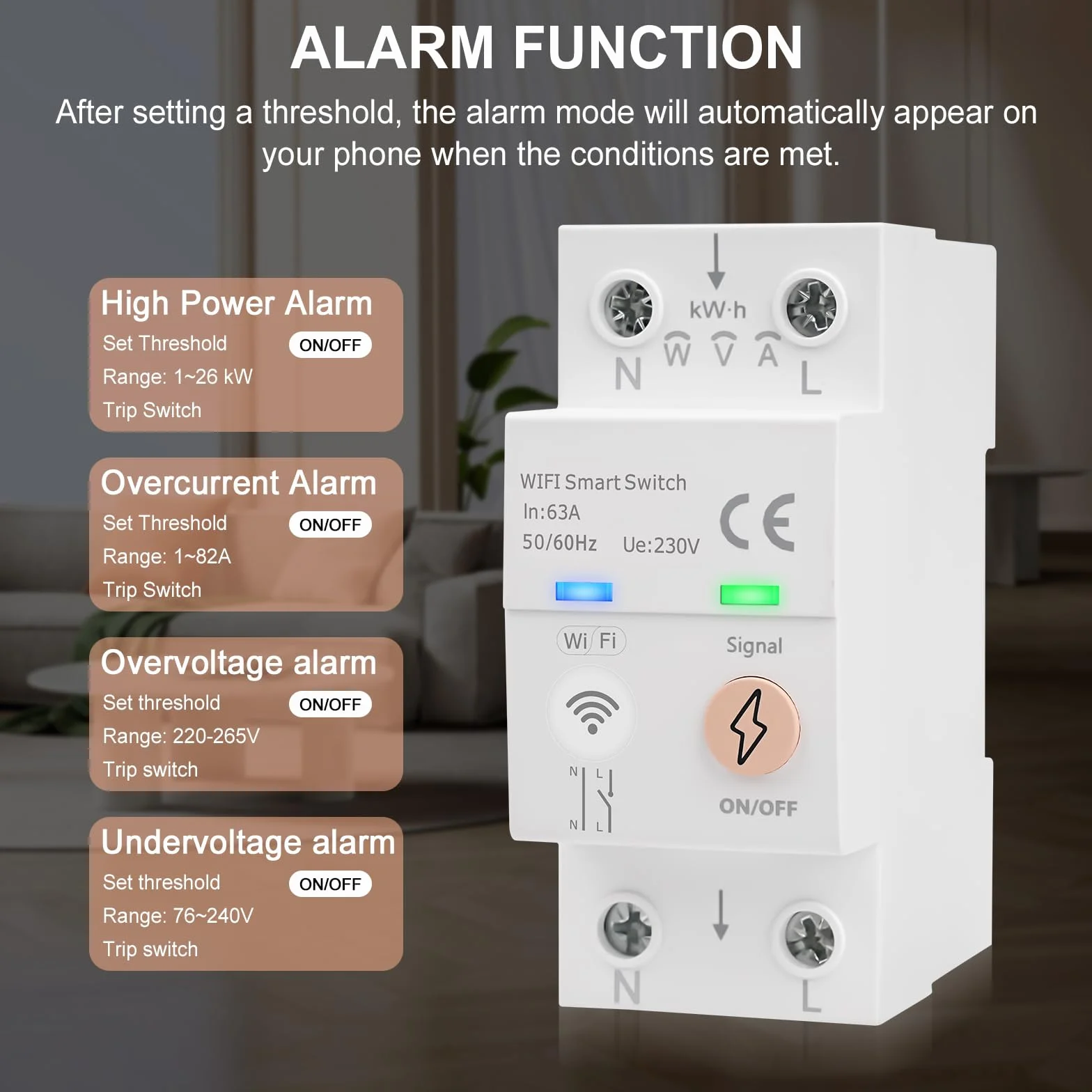 Magnetotermico WiFi Tuya Smart Interruttore Smart WiFi 63A 80-300V AC Interruttore su Guida DIN Controllo Vocale Misurazione Dell'energia Sovratensione Sovracorrente Protezione (Versione inglese)