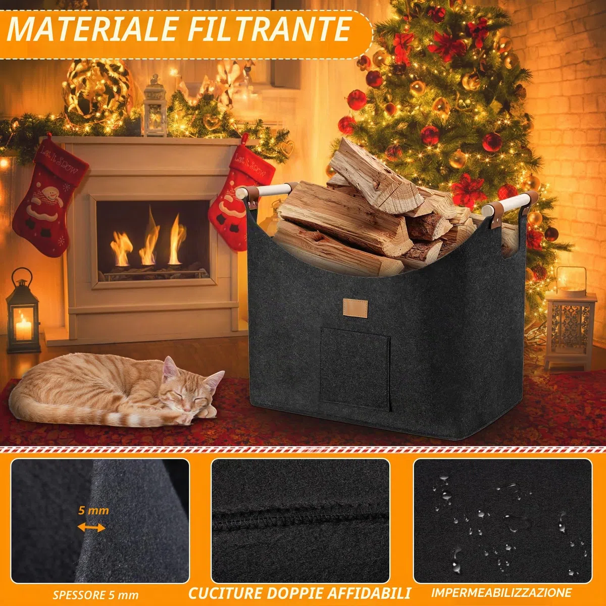 Borsa In Feltro per Legna da Ardere, 96LCesto Portalegna, Pieghevole Borsa Porta Legna, Cesta Legnas Camino con Tasca Laterale, Cesta Porta Legnas, 60x40x40Cesta Legnas da Interno,Grigio Scuro