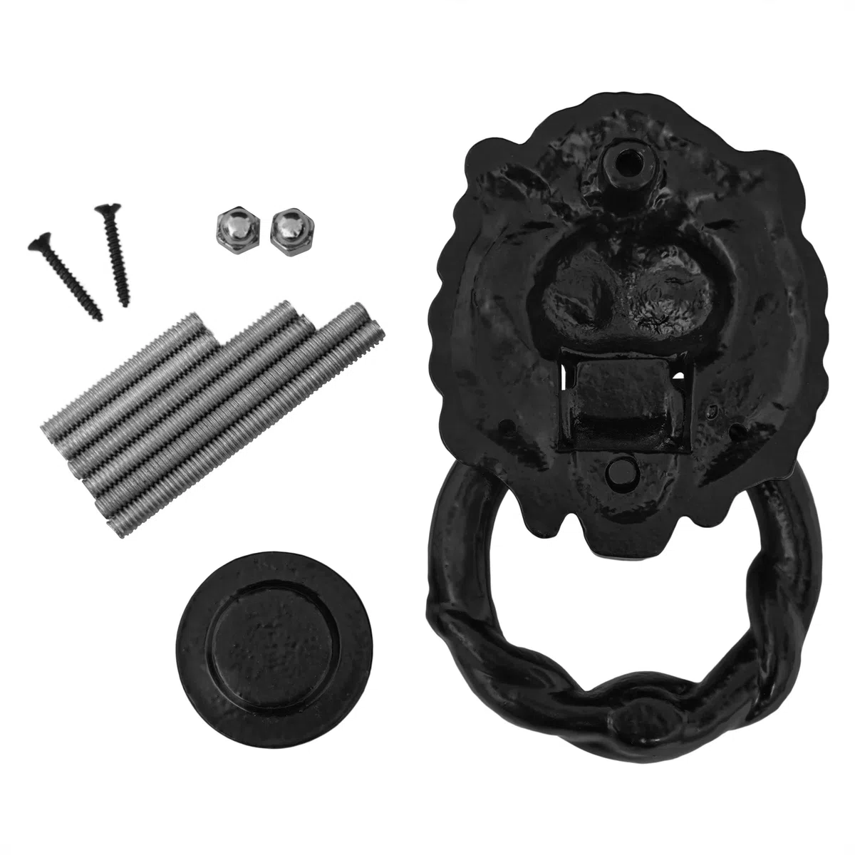Mythrojan Battente per porta con testa di leone, in ghisa, con viti, anello per porta d'ingresso, vittoriano, realizzato a mano, medievale, nero antico, nero