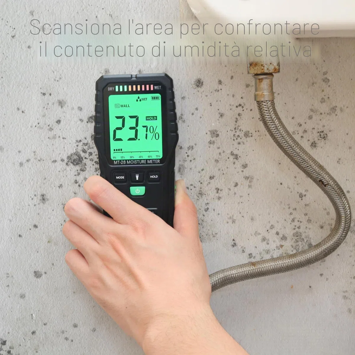 Misuratore di Umidità del Legno, Igrometro Digitale Professionale Rilevatore di Umidità per Legni, Muri e Pavimenti Tester di umidità Tester (MT28)