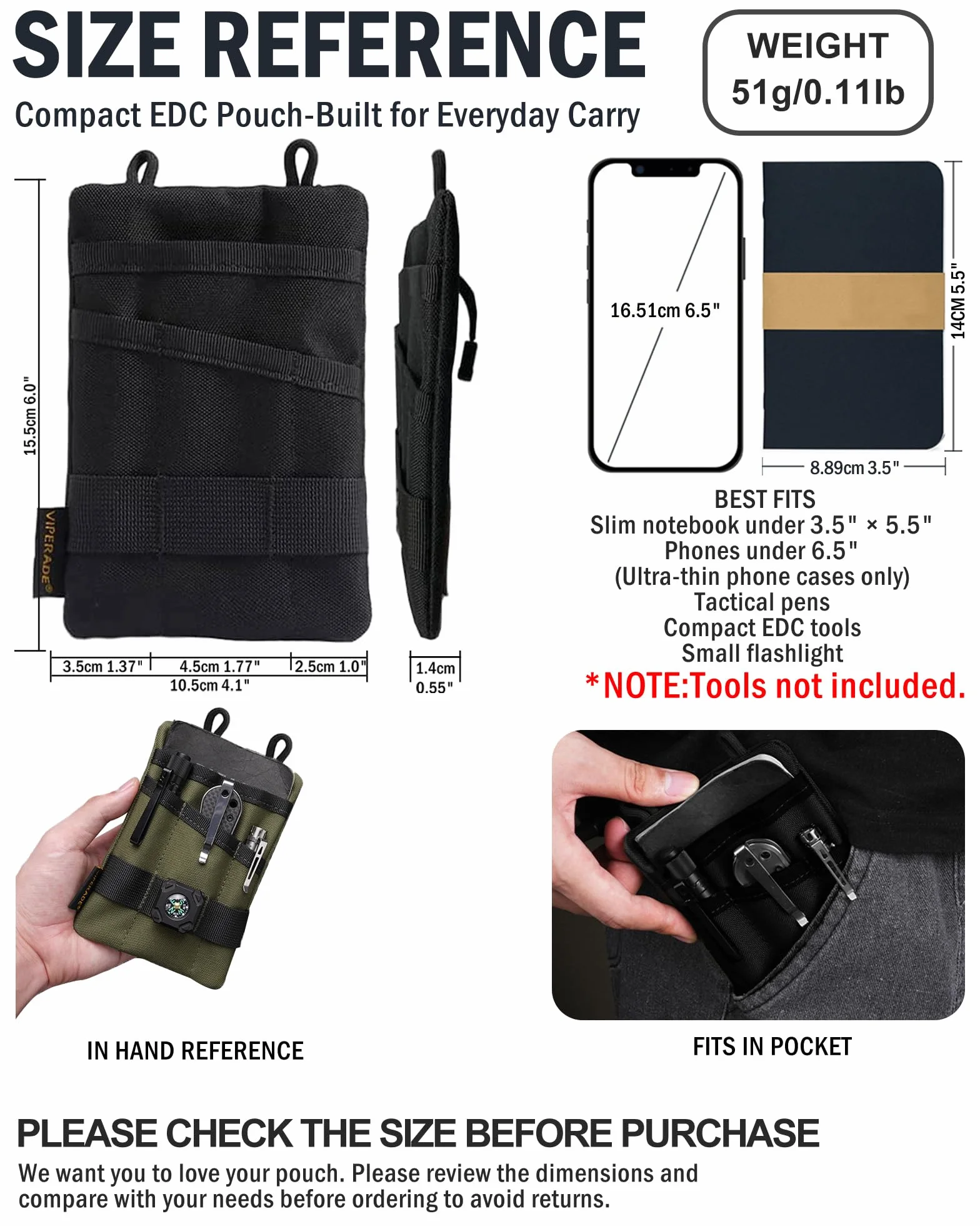 VIPERADE VE1 EDC Borsa porta attrezzi in nylon Borsa per attrezzi Everyday Carry Multitool Custodia Custodia per EDC Gears Torcia Tascabile Coltello Penna Taccuino