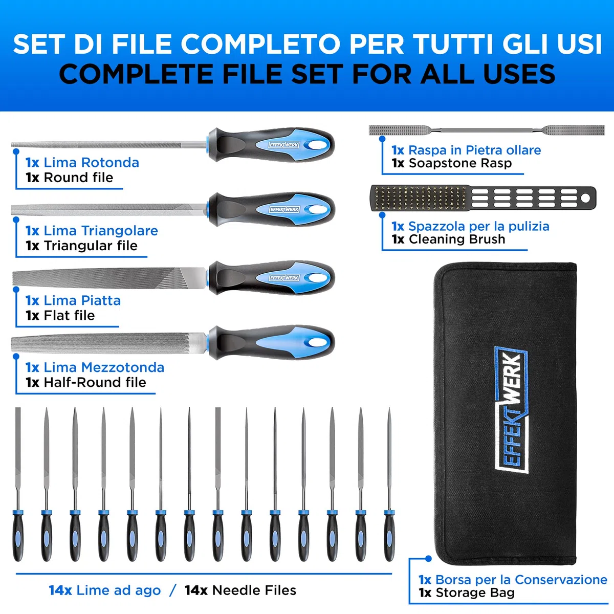 Set di lime - 21 pezzi - 4 lime grandi (tonda, mezza tonda, triangolare e piatta) - Spazzola metallica, raspa, custodia e 14 lime ad ago