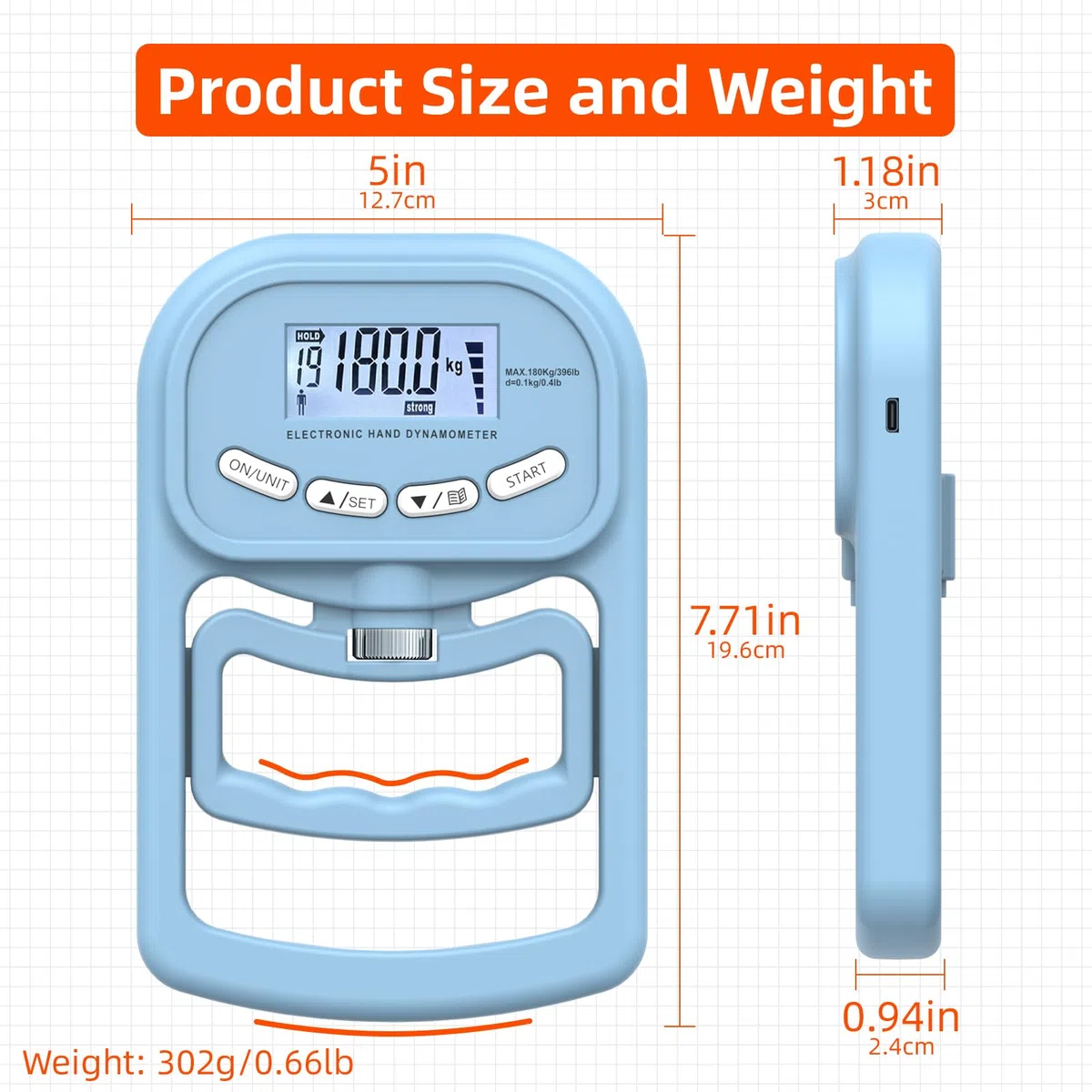 180 kg tester di forza di presa, dinamometro elettronico ricaricabile, tester digitale della forza della presa con display LCD, dinamometro con impugnatura regolabile per esercizi di forza