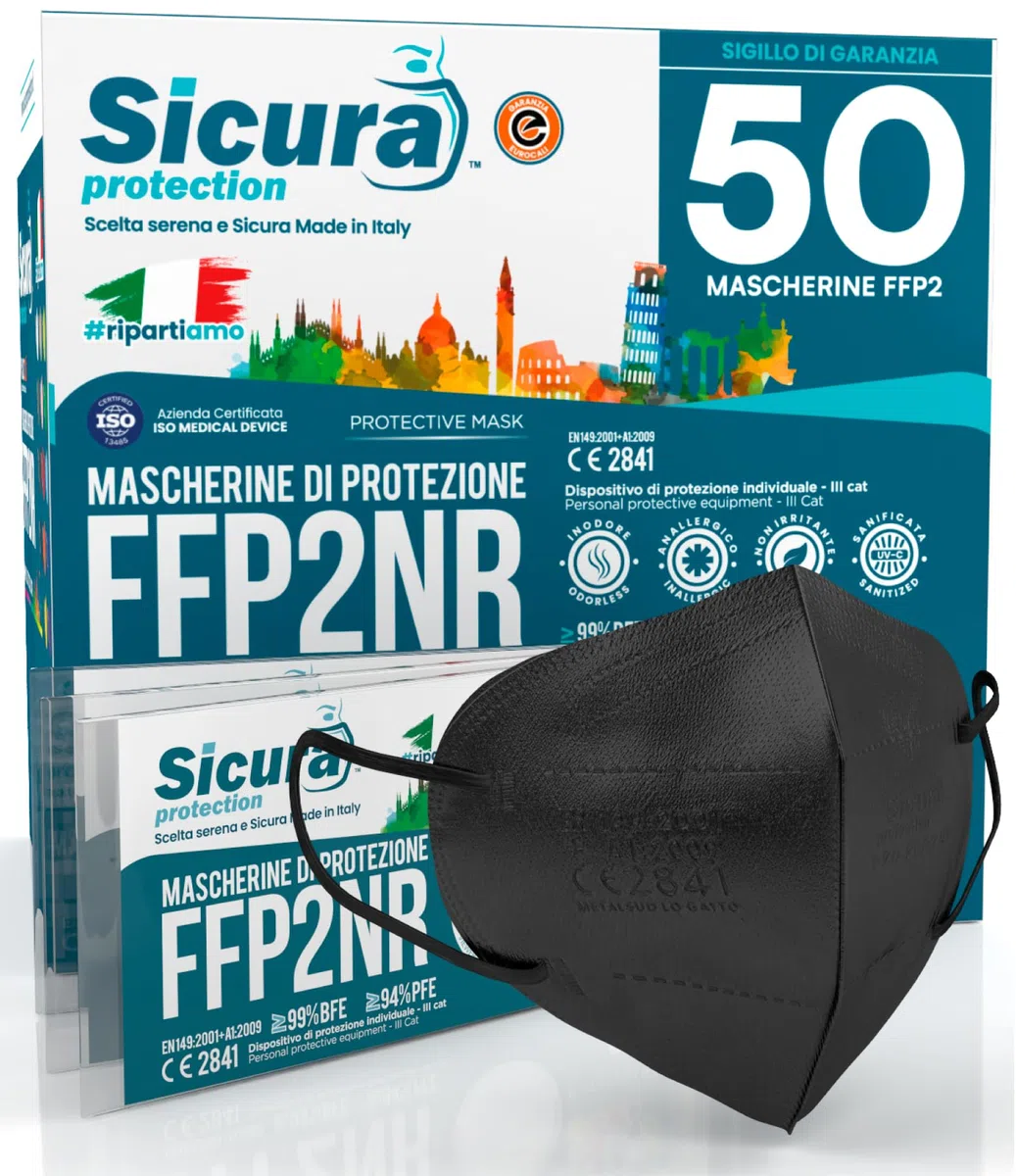 Eurocali 50 Mascherine FFP2 Nere Certificate CE Made in Italy BFE ≥99% Mascherina ffp2 Vera Marcatura Effetto Pulito