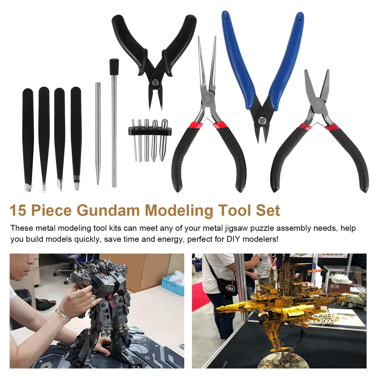 HSEAMALL Set di 15 Pezzi di Strumenti per Modellismo Gundam Kit di Attrezzi per Modelli di Base di Costruzione di Maquette Riparazione e Fissaggio per Hobby Building Craft