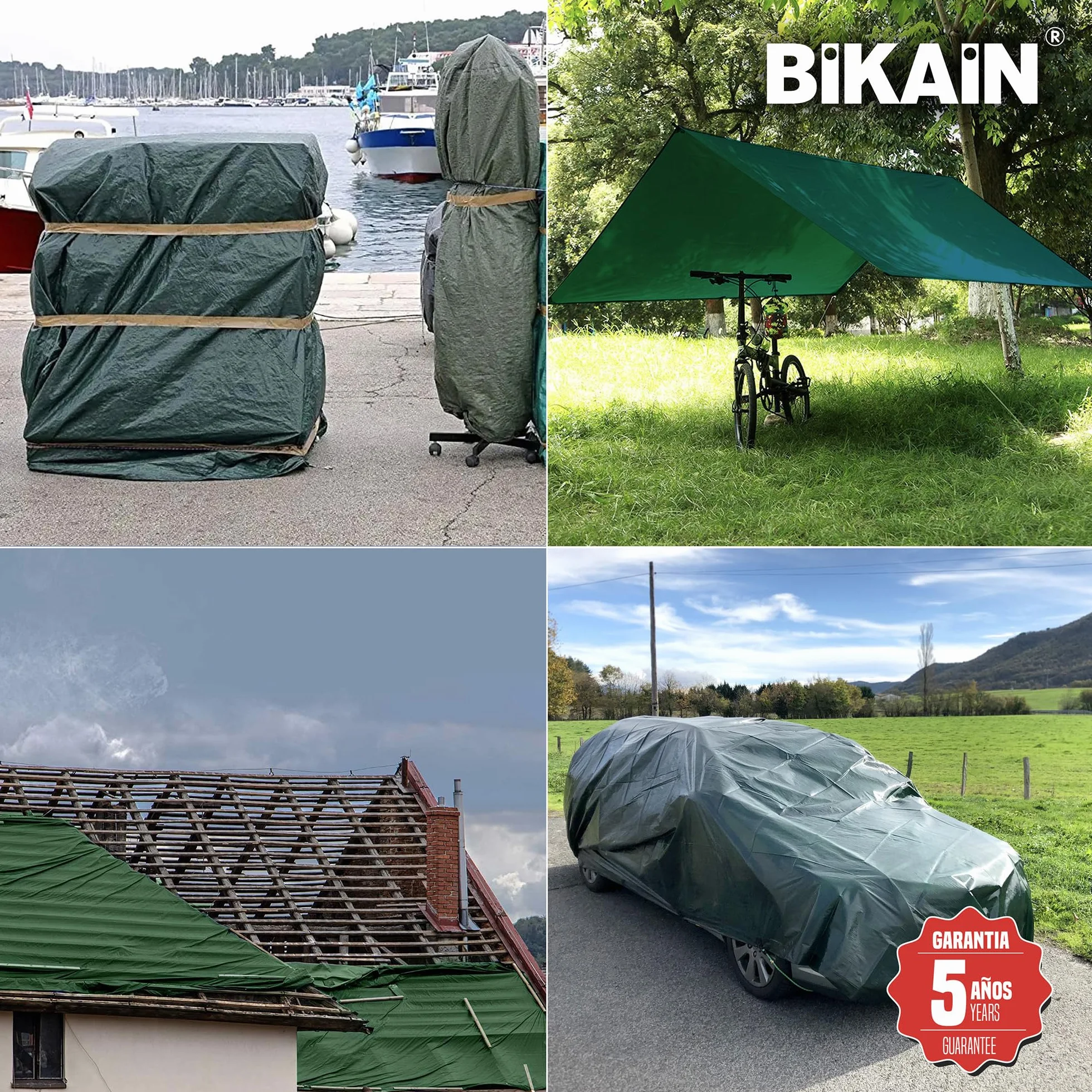 Bikain - Telo Impermeabile esterno - 3x5 metri - 90g/m2 Rinforzato - Occhielli Antistrappo - Telo 100% Impermeabile e 100% Protezione UV - Copritutto Multiuso - 3 Strati Laminato Incrociato