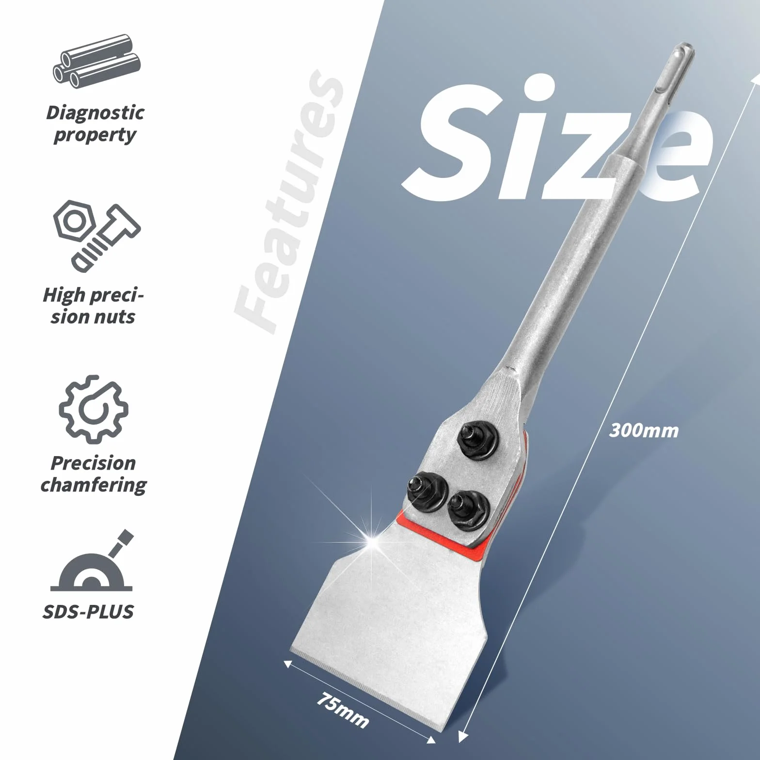 Scalpello SDS Plus 300 x 75 mm per Piastrelle, Pavimenti e Rimozione Colla, Blade in Lega di Acciaio, Manico in Plastica, Edge Smussato