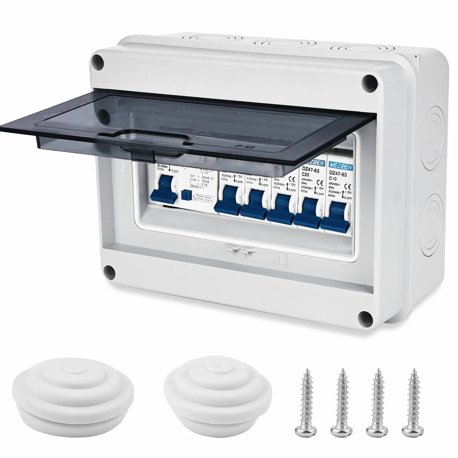 Nizirioo Scatola dei fusibili da parete, IP65, antipolvere: interruttore 63A, interruttore dell'aria 2x6A+10A+20A+32A, per giardino ed esterni