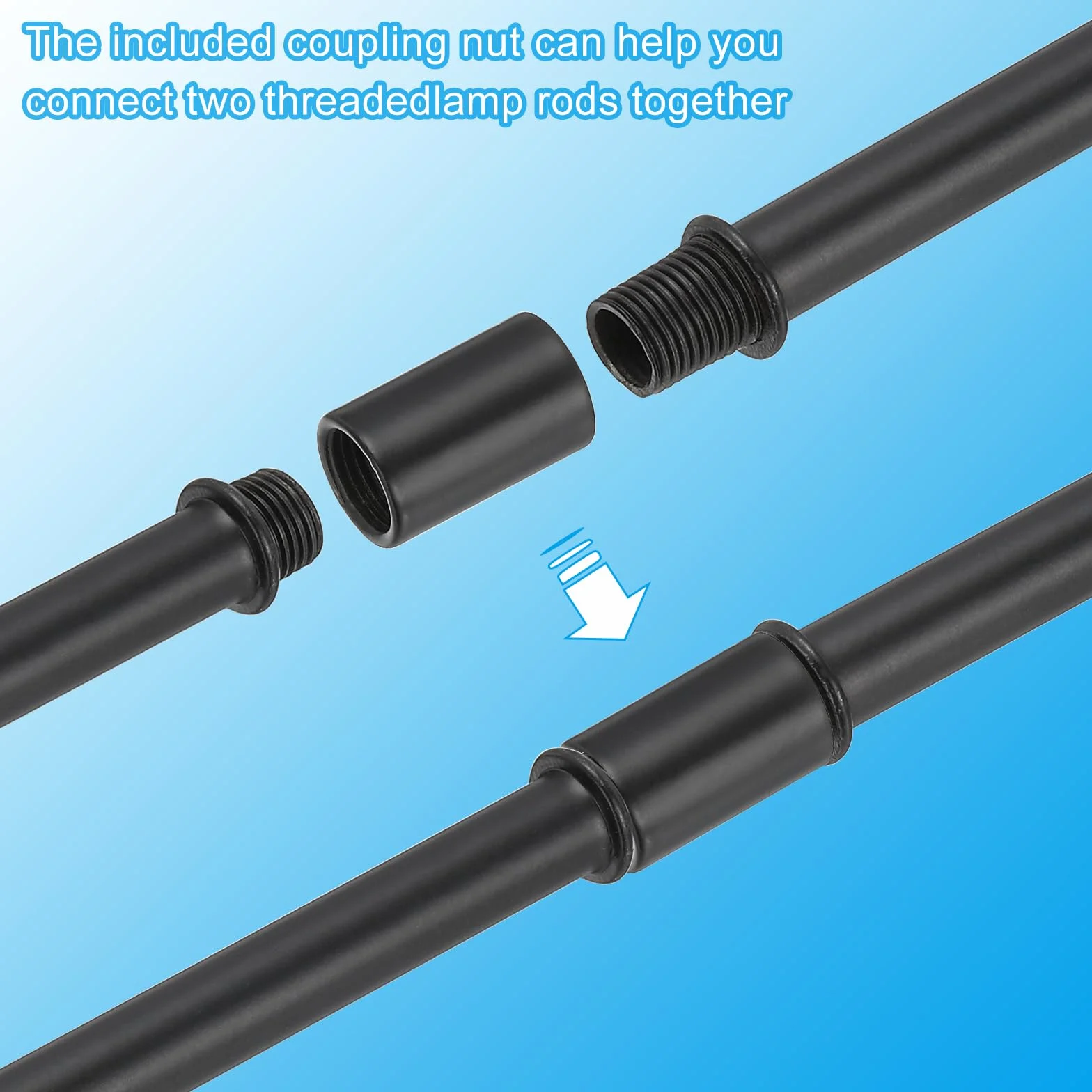 PATIKIL Kit Asta Lampada a Tubo Dritto, 4 Set M10 Acciaio al Carbonio 250mm Lunghezza Asta Filettata a Doppia Estremità con Dado Accoppiamento Manicotto Connettore per Lampade Tavolo, Nero