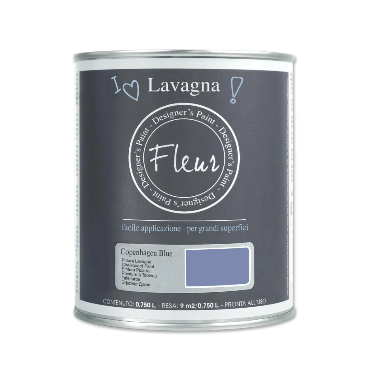 FLEUR DESIGNER'S PAINT | Pittura Effetto Lavagna, 0,750 litri, F63 Copenhagen Blue, Base Acqua, Trasforma Qualsiasi Superficie in una Lavagna su cui Scrivere con il Gesso.