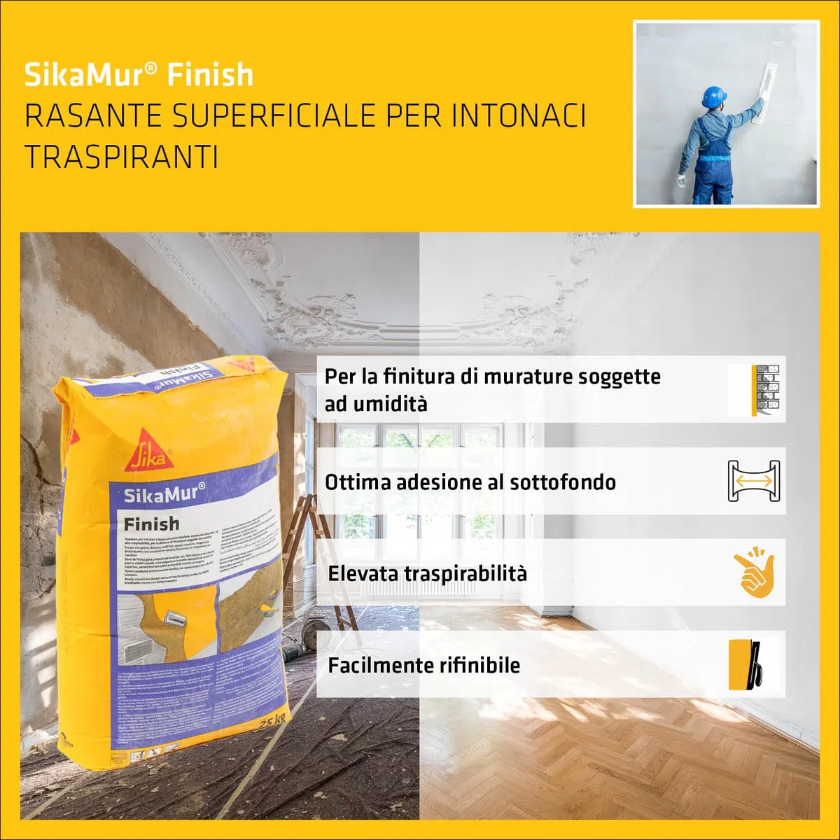 SIKA - Rasante superficiale per intonaci - SikaMur Finish, Bianco - Finitura liscia e traspirante per pareti trattate - Polvere premiscelata a basso spessore per risultati estetici top - 25kg
