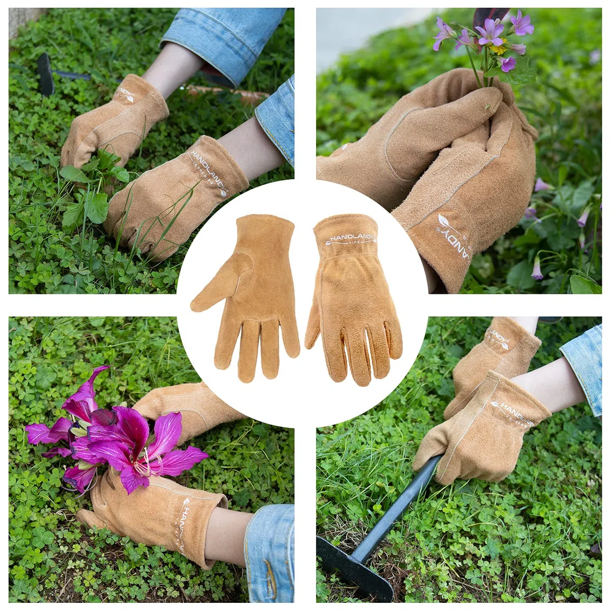 HLDD HANDLANDY Guanti da lavoro in pelle per bambini, 2 paia di guanti da giardinaggio per bambini, in pelle bovina, per bambini da 2 a 9 anni, per bambine e ragazzi (S (2 – 3), marrone)