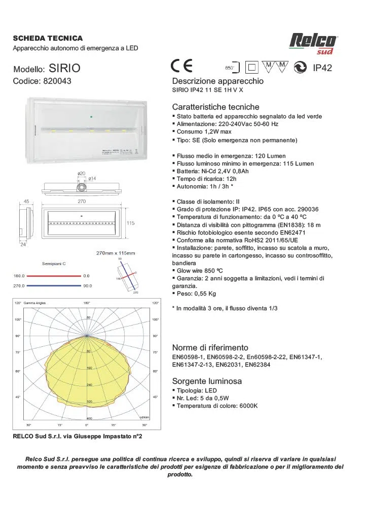 Generico Lampada d’emergenza LED SIRIO SA-SE IP42 11 3H con kit 3 segnali sicurezza inclusi