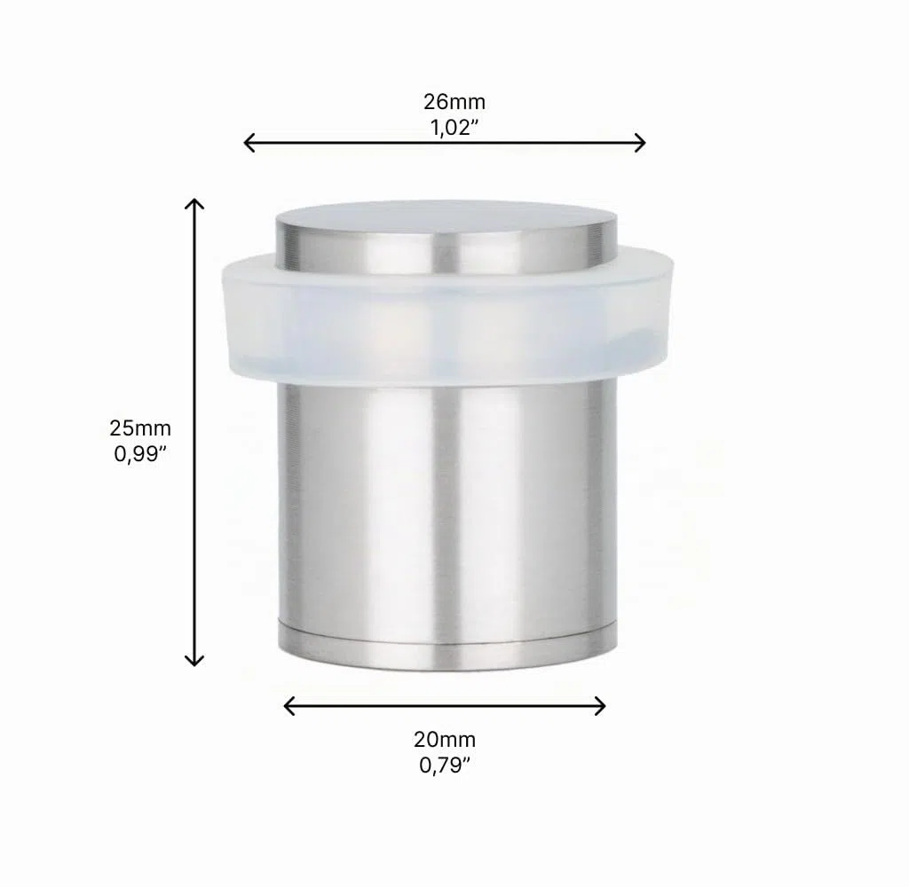 EVI Herrajes | Pack con 2 Fermaporte| Ø20 x 25 mm |Acciaio Inox Finitura Opaca con Gomma Bianca di Silicone Naturale | Compresi utensile, vite + tassello di fissaggio| I-181