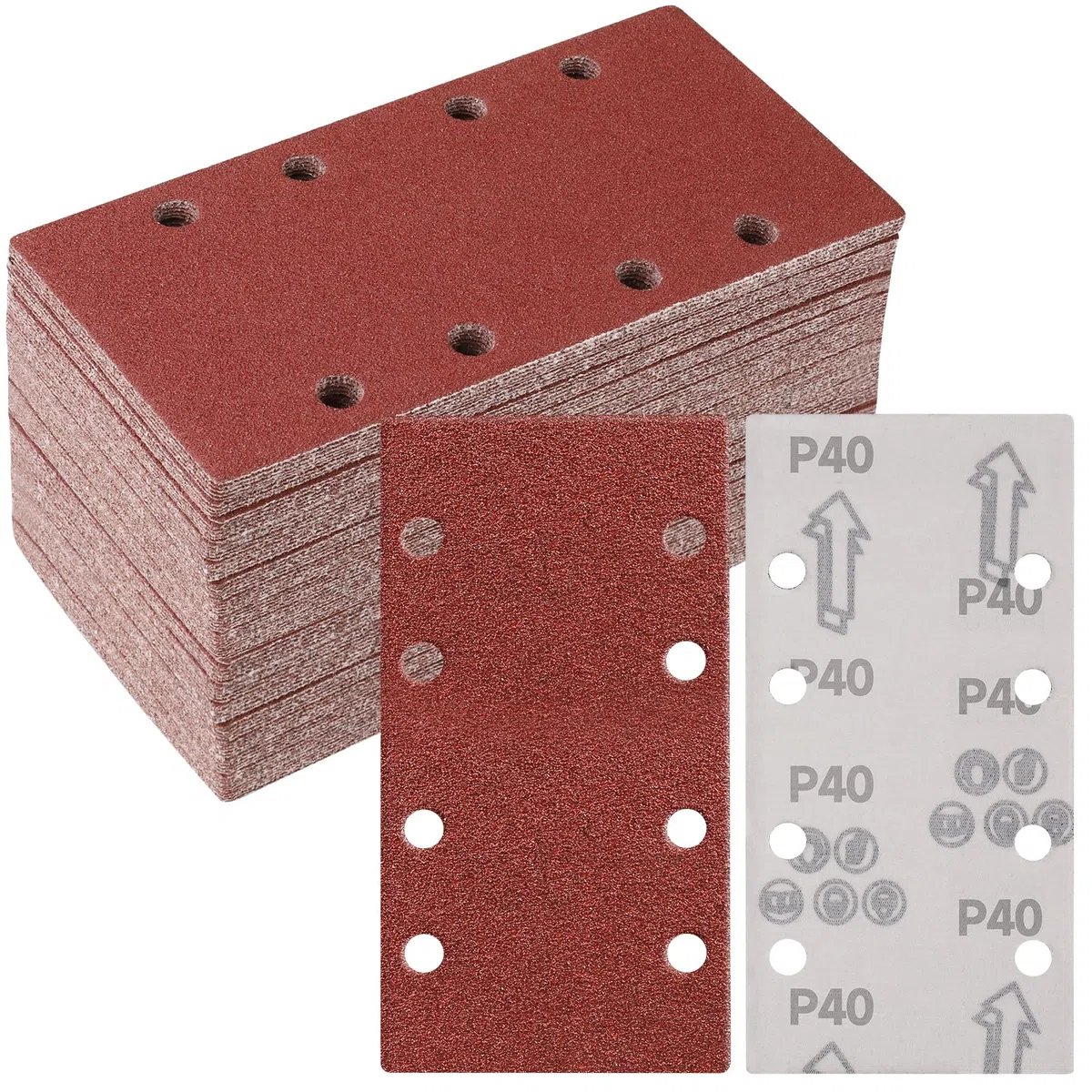 50 Pezzi Carta Abrasiva, 93x185mm Fogli Levigatrice 40 Grana Sandpaper 8 Fori Carta Vetrata Rettangolari per Levigatrice Orbitali Casuali