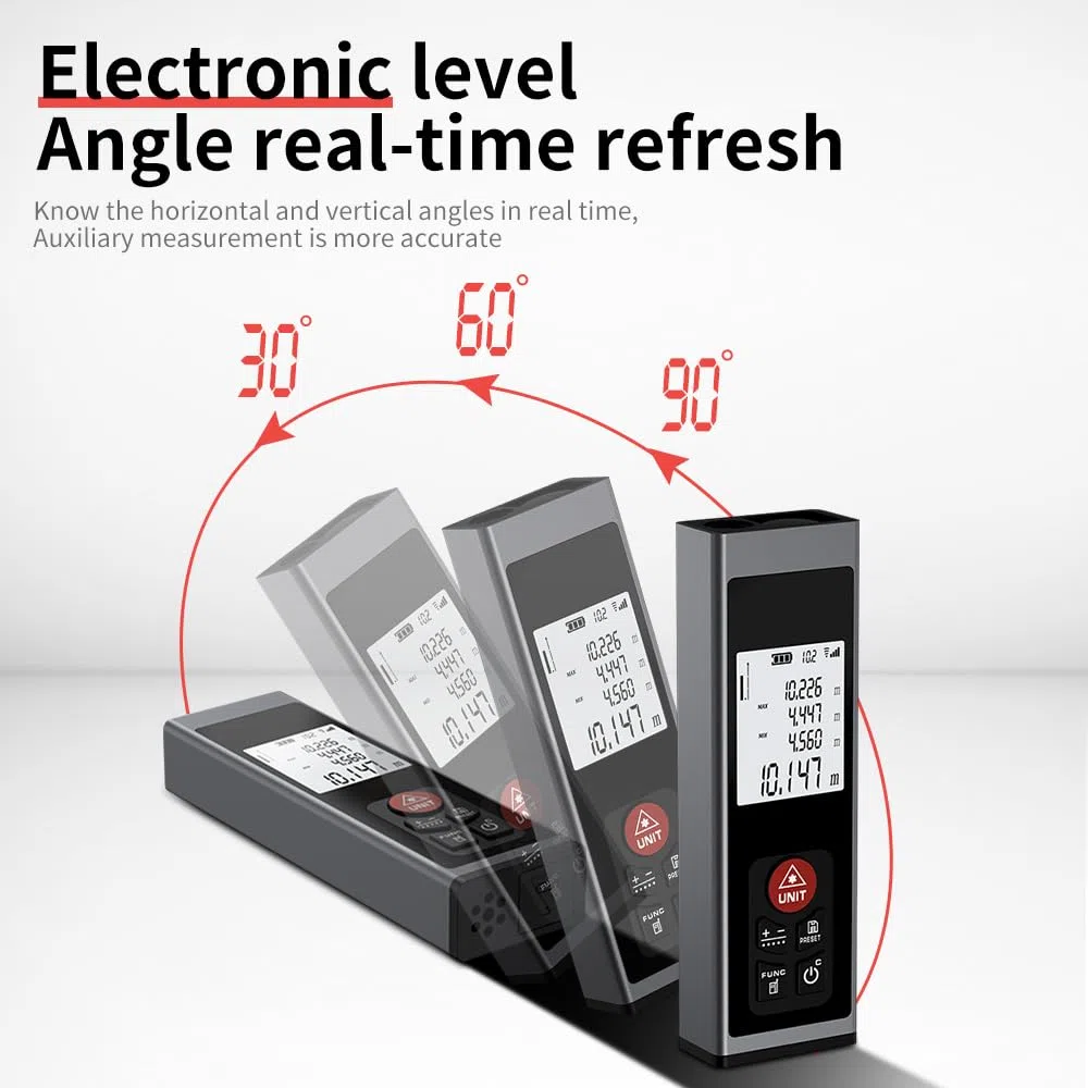 REVASRI Telemetro Professionale, Telemetro Laser con Livella Elettronica M/In/F Retroilluminazione LCD Distanza/Area/Volume/Pitagora/Continuo e USB C Ricaricabile