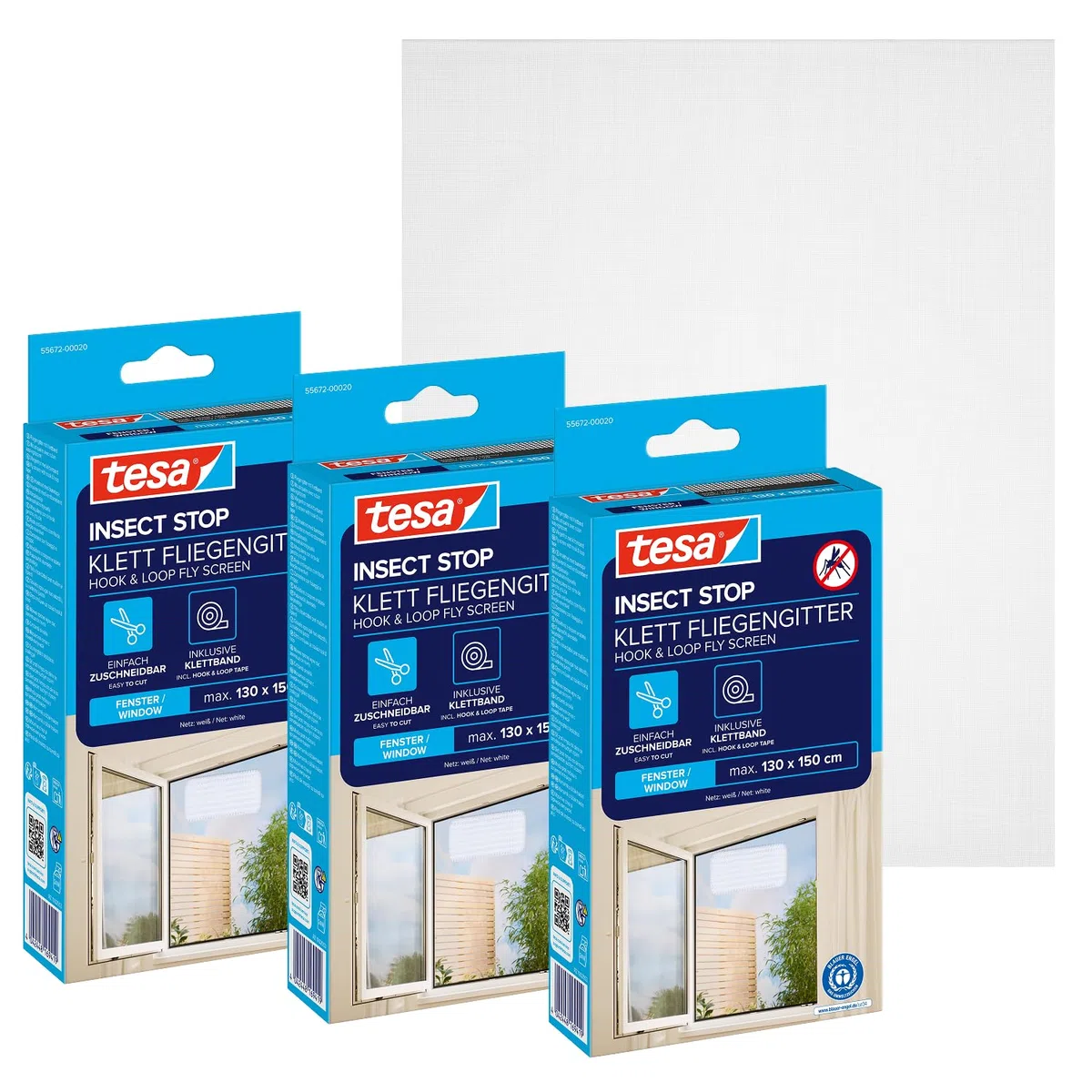 tesa INSECT STOP H&L Fly Screen for Window - zanzariera con nastro a strappo, taglio su misura, senza fori, bianco - 3x 130 x 150 cm