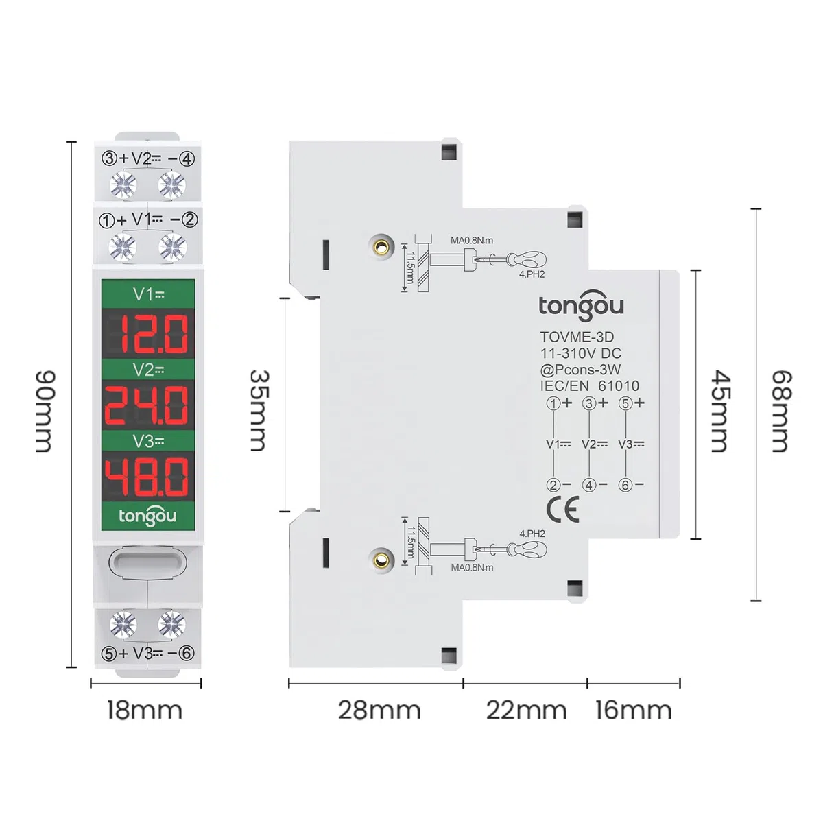 TONGOU Voltmetro Barra Din DC 11-310V, Guida DIN Digitale Voltmetro 3 Visualizzazioni Rosse, Digitale Contatore Misuratore di Tensione LCD per Auto Moto Sistema Solare