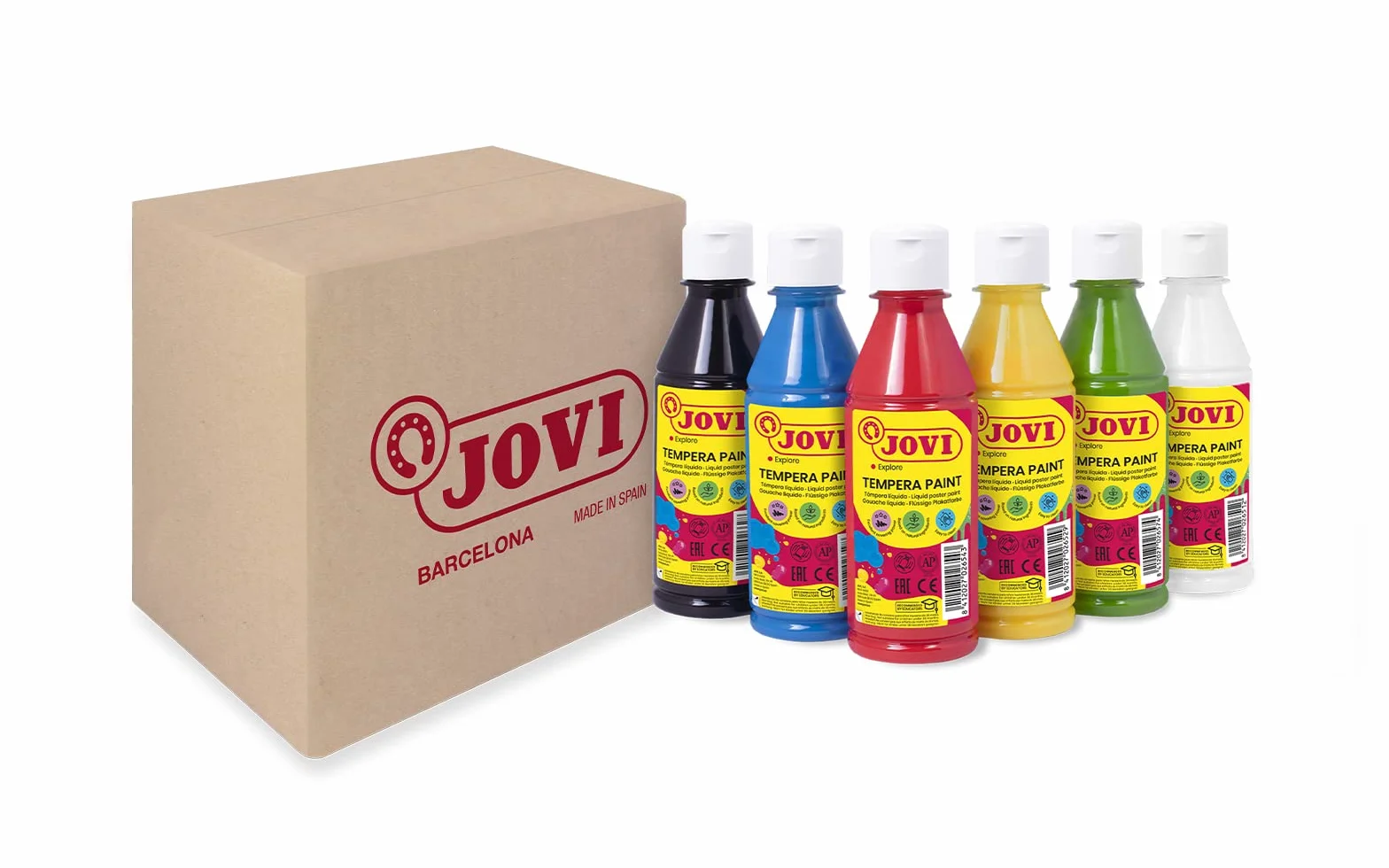 Jovi - Guazzo liquido, Astuccio 6 vasetti da 250 ml, Colori primari, Vernice a base di ingredienti naturali, Facile da lavare, Senza glutine, Ideale per la scuola (502/6A)