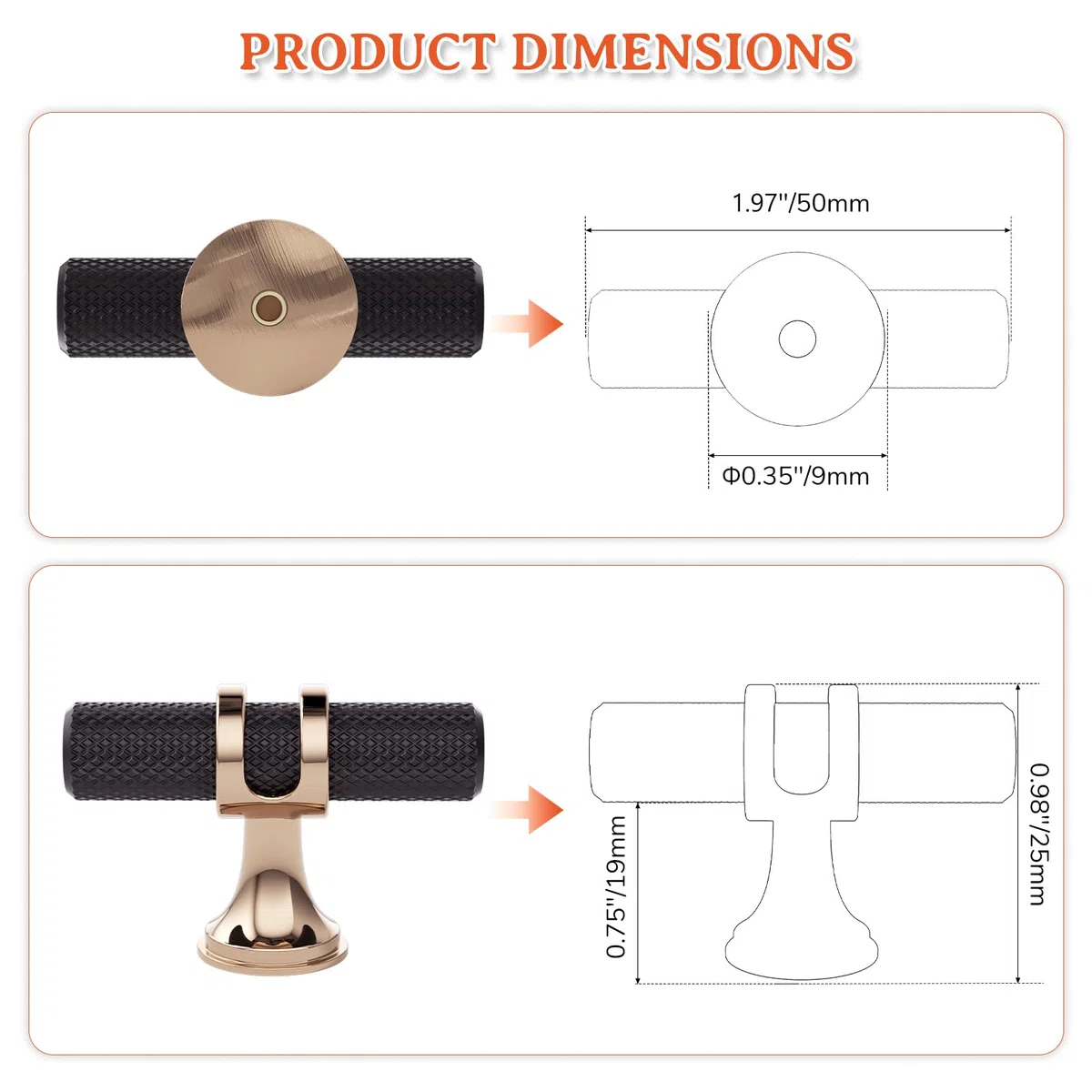 FURNIWARE 10 pezzi Pomelli per mobili nero opaco e bronzo champagne, pomelli per armadio in oro e ottone, pomelli per porte e cassetti da 50 mm, per armadi, cassettiera, guardaroba