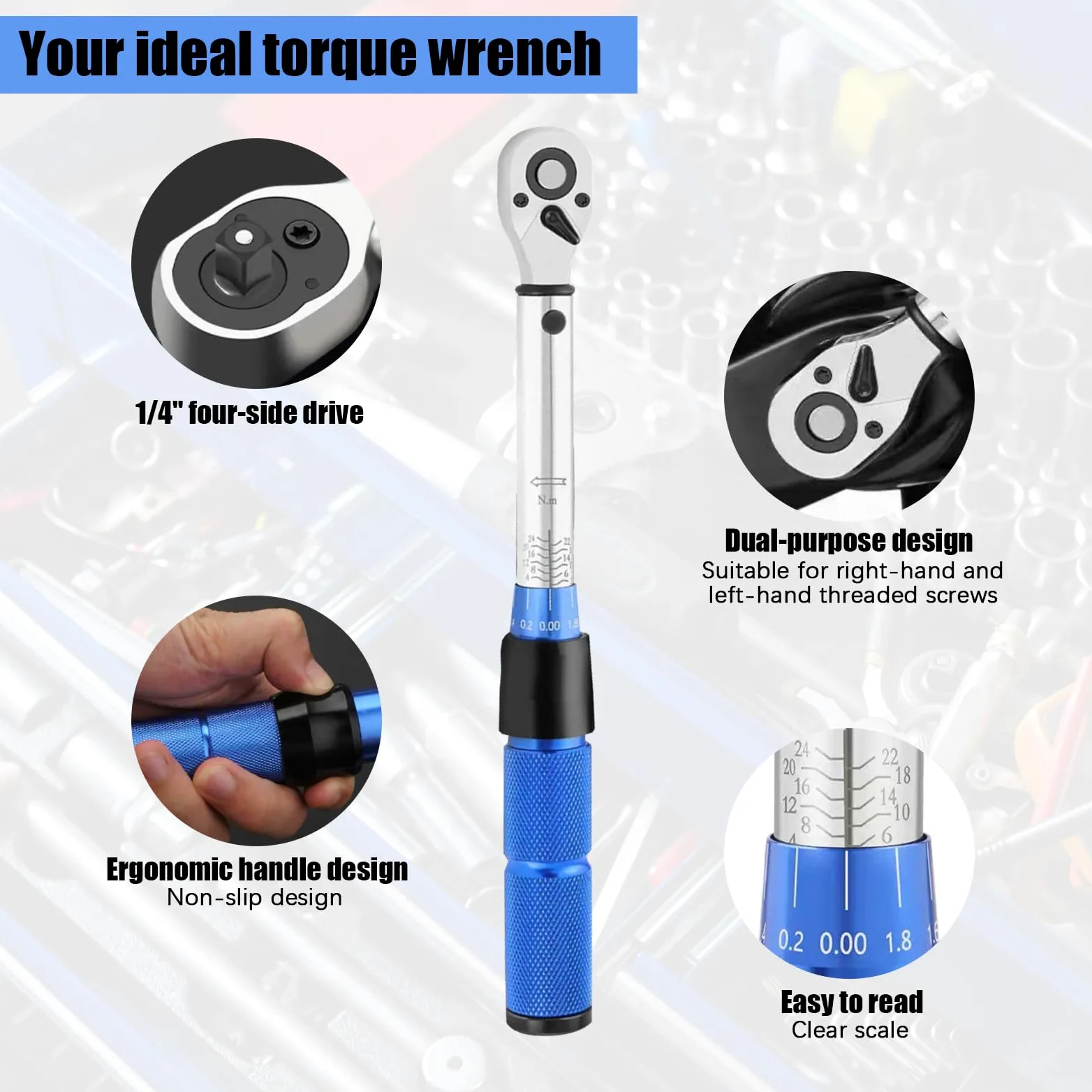 15 Pcs Chiave Dinamometrica Bici, 1/4" Torque Wrench, Chiavi Dinamometrica set Adattatore, Barra Prolunga, Pulsante Sgancio Rapido, Testa Reversibile con Clic per Strada, Mountain, Moto