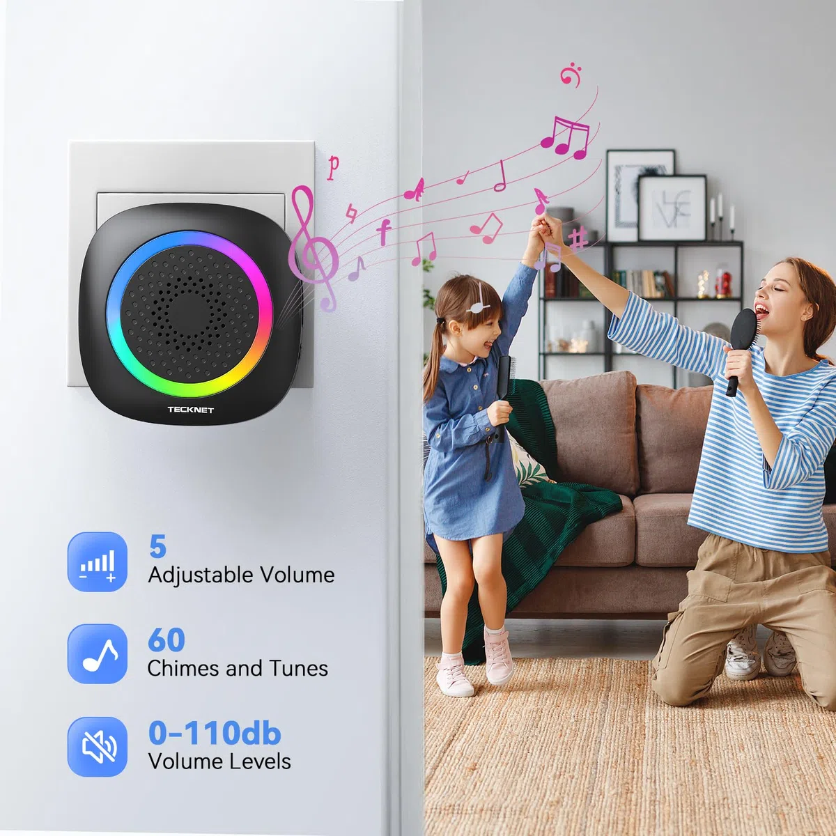 TECKNET Campanello senza fili, campanello a scatto con luce RGB, kit di campanello per porta wireless portatile impermeabile IP66, portata wireless 400 m, 60 campanelli e volume a 5 livelli (nero)